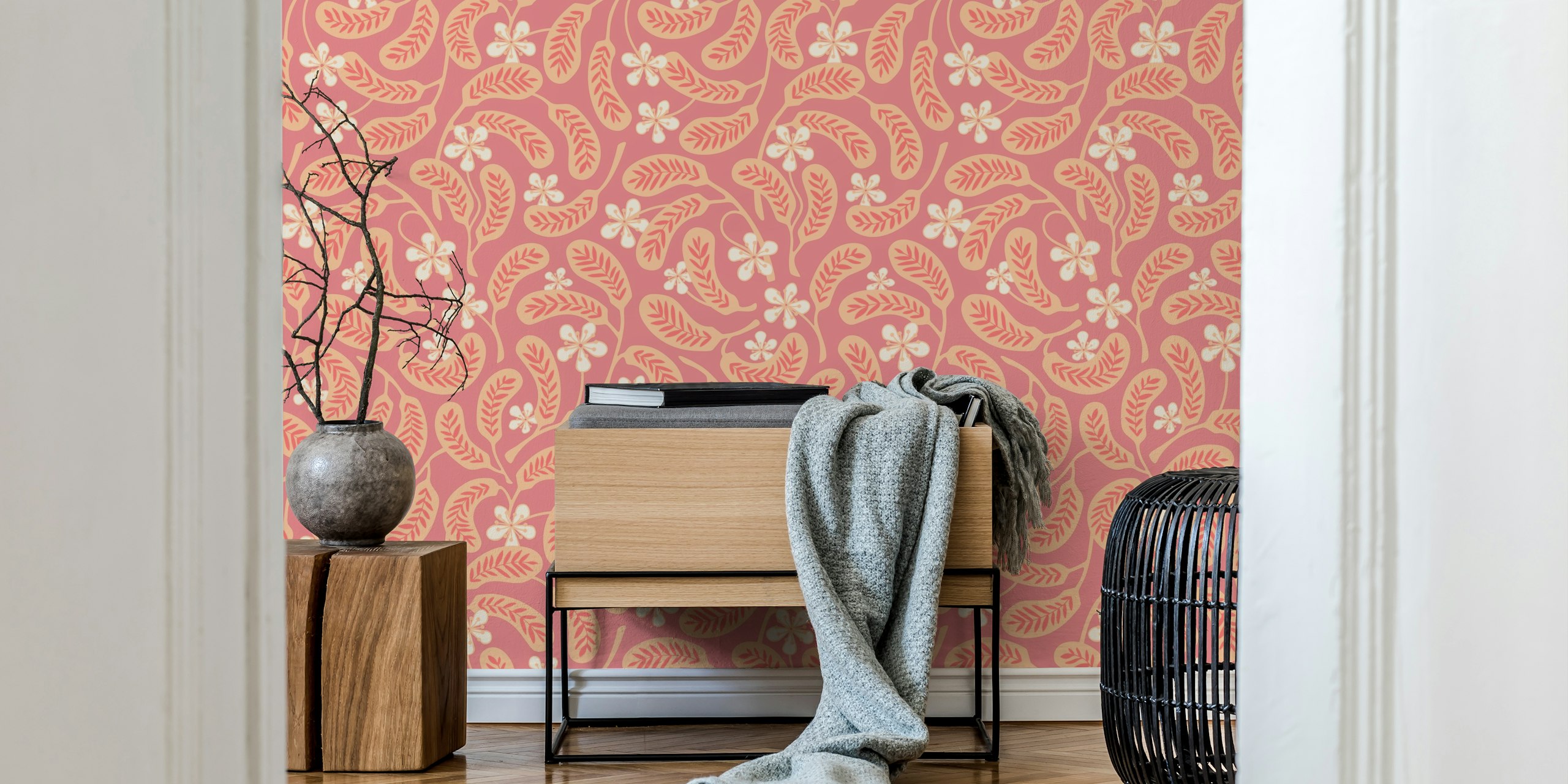 Hilo Vintage Tropical Floral Wall Mural Featuring Peach Background With White Flowers And Red Leaves.