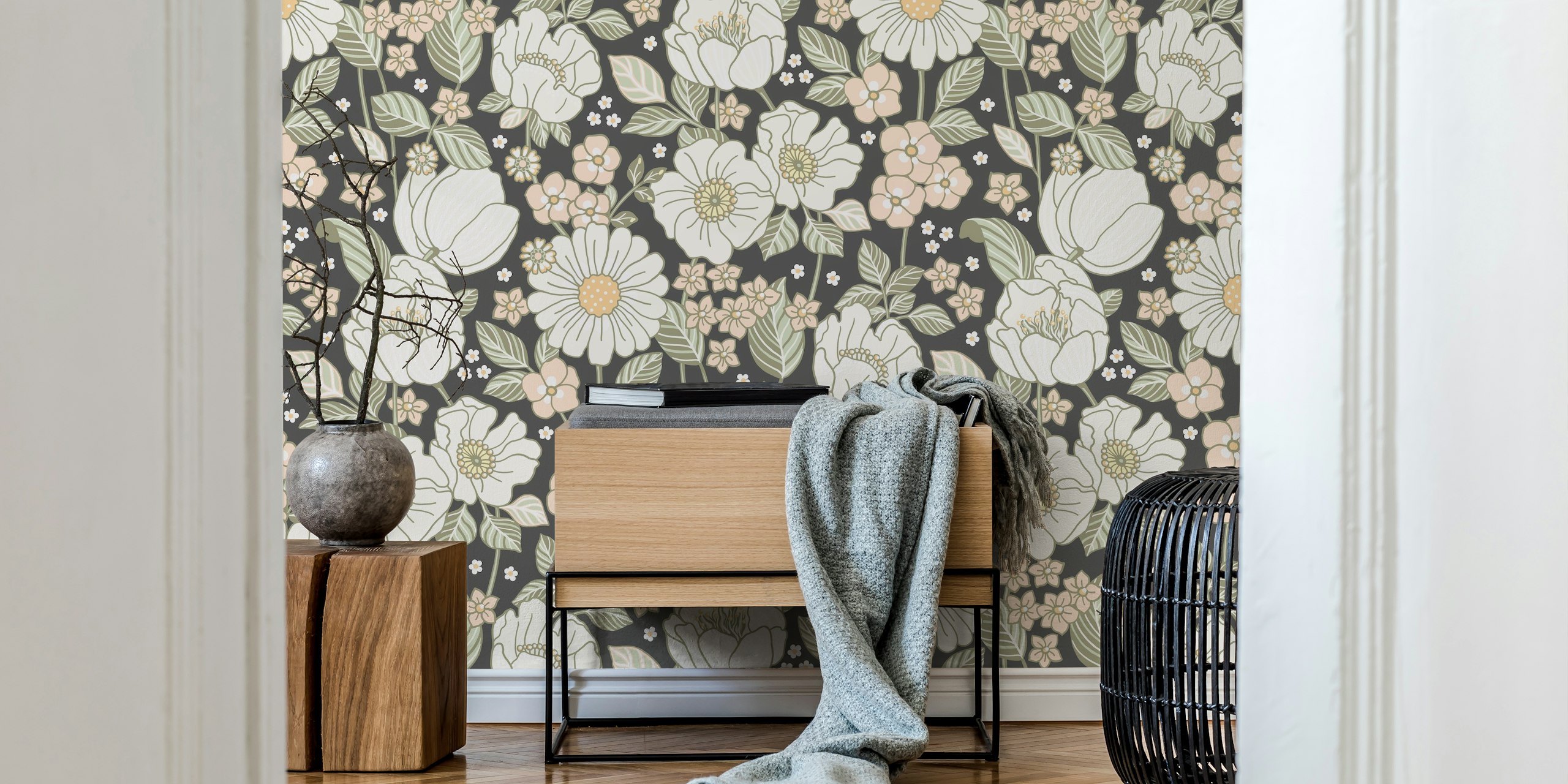 Floral pattern with white and pastel flowers on dark gray wallpaper