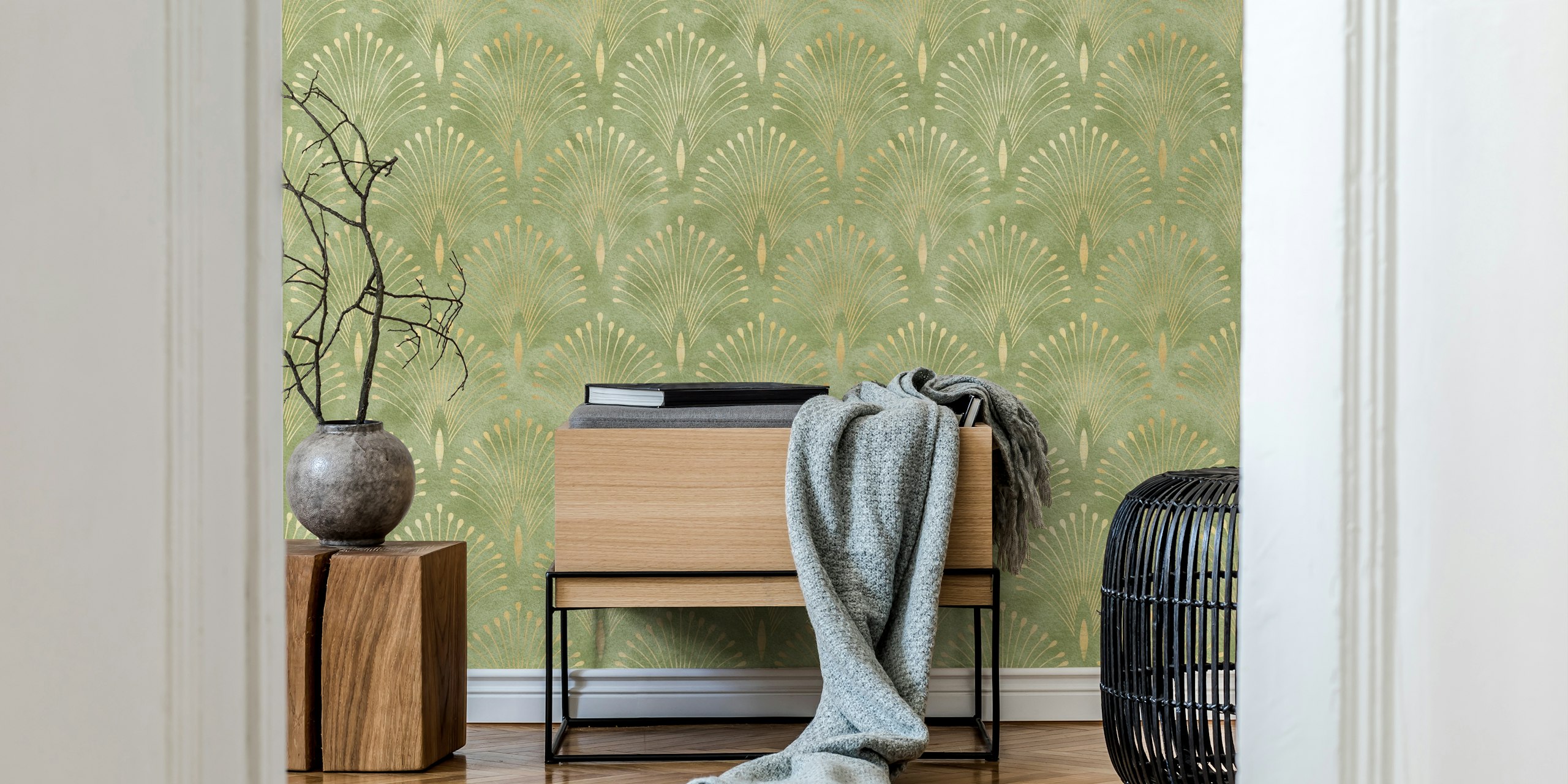 Stylized fan motif wall mural in muted tones for modern classic interior design