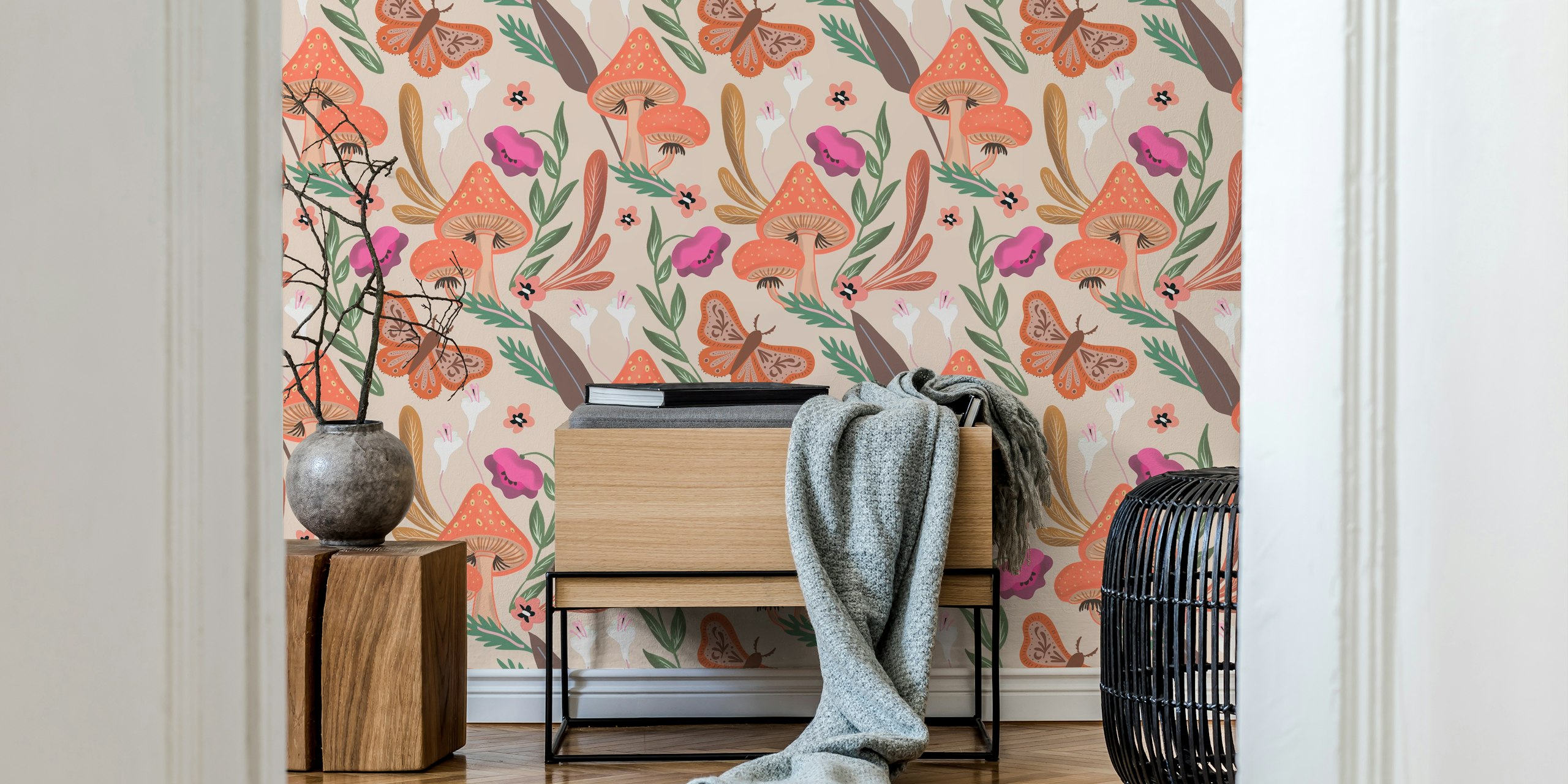 Kuva hassu seinämaalaus, jossa on suuria sieniä, eloisia perhosia ja pieniä kukkia pastellin taustalla