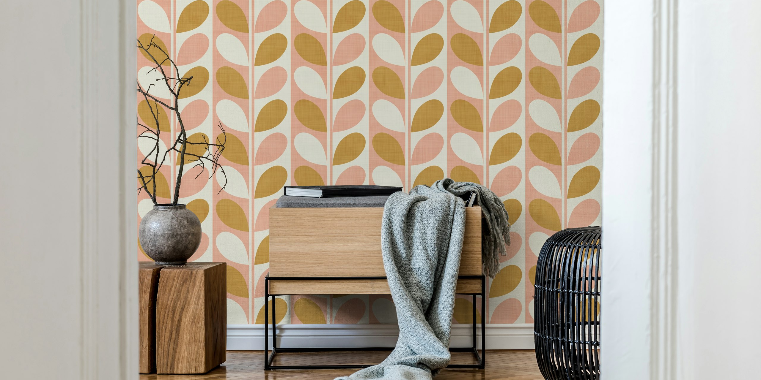 Blush and gold leaf pattern wallpaper in mid-century modern style