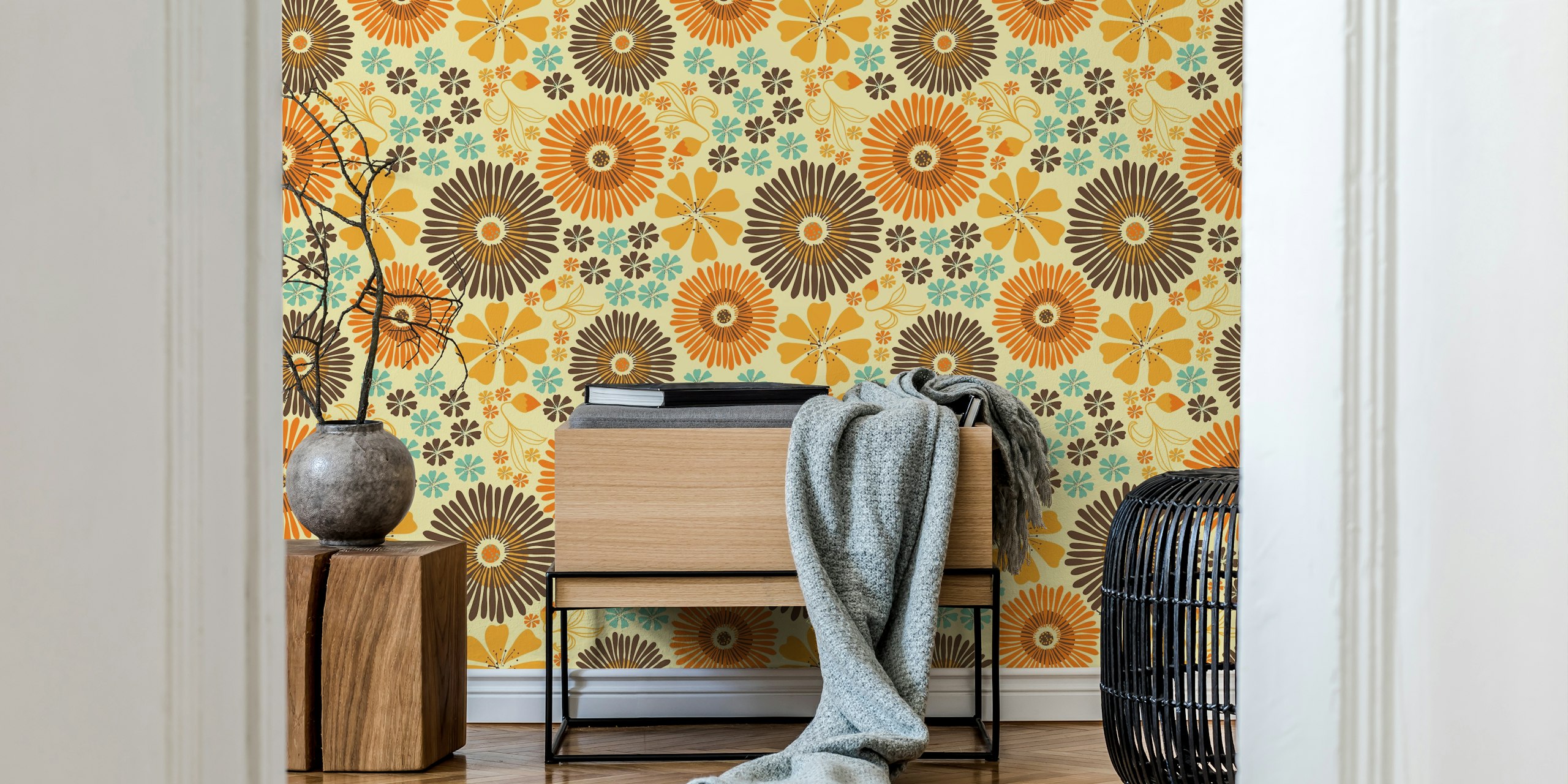 Retro floral pattern wall mural with warm yellow, orange, and brown tones