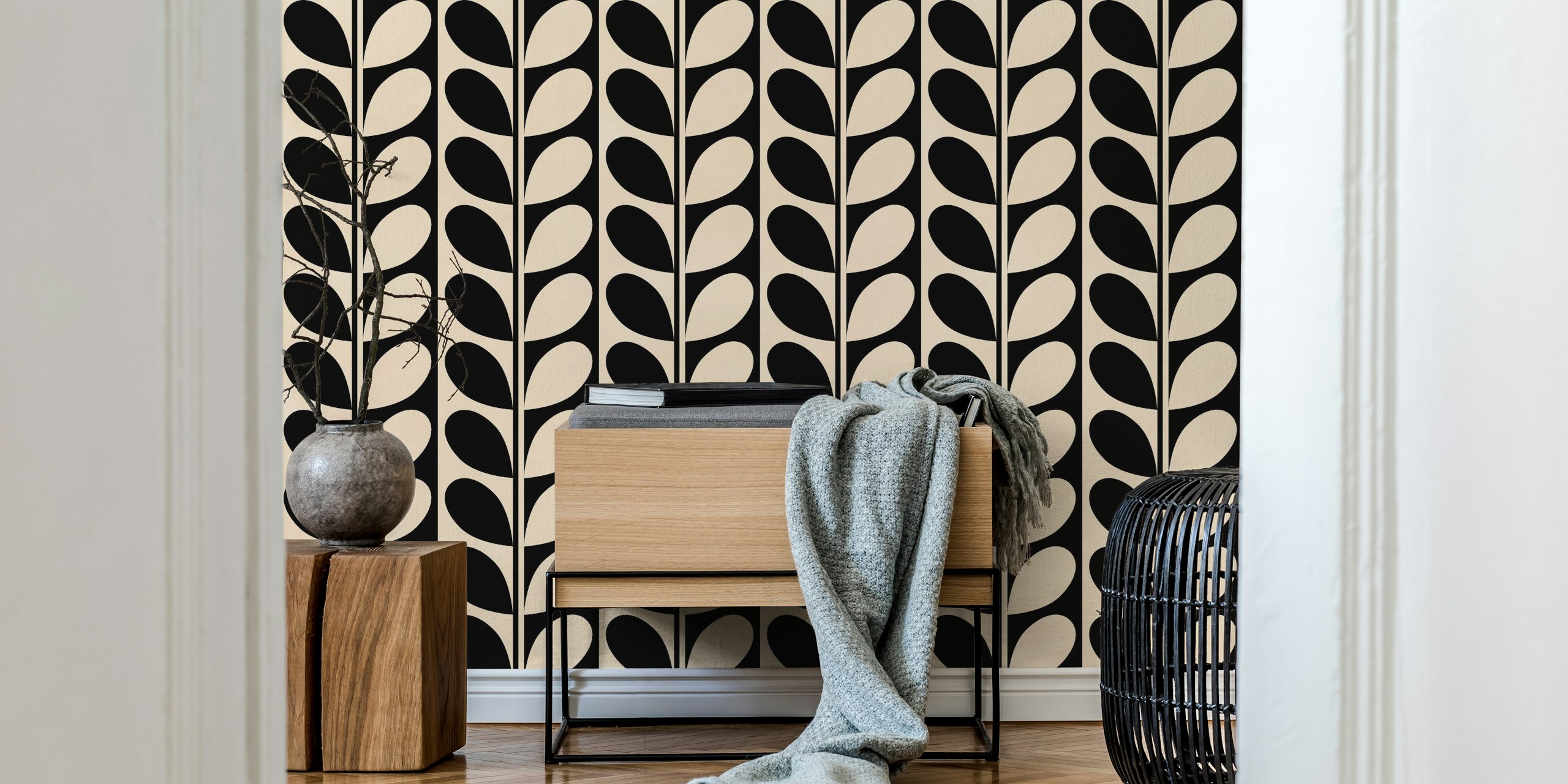 Vintage Geo Stripe Leaves behang in een kamer