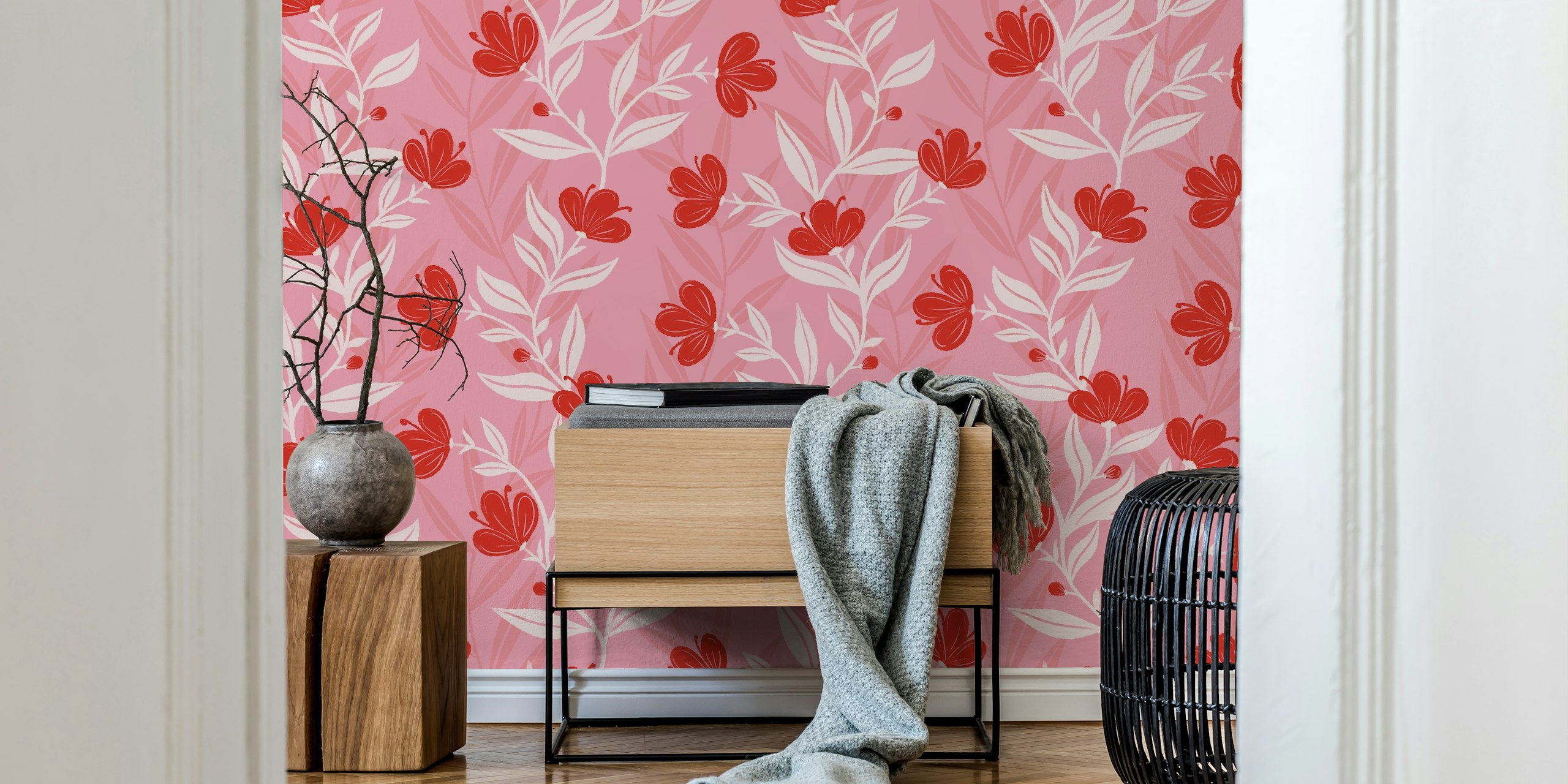 Bright red flowers and ivory leaves on a pink background wall mural