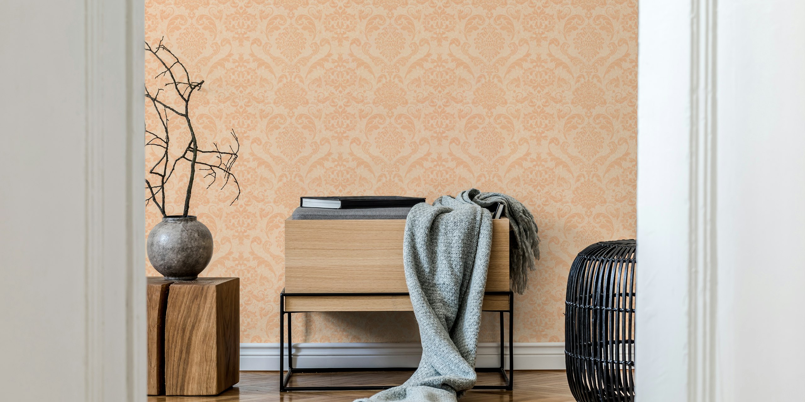 Vintage damask pattern in light peach wallpaper