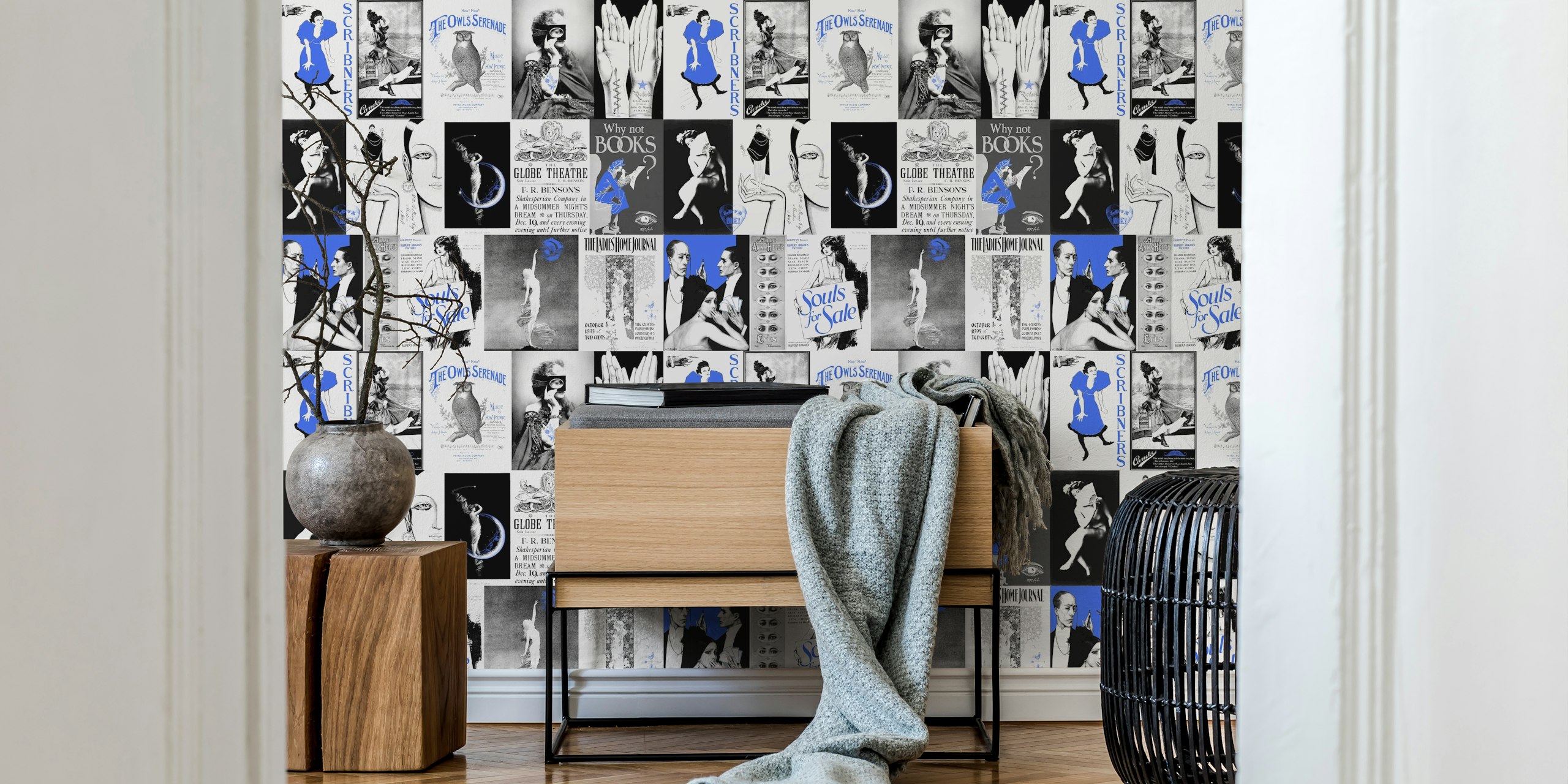 Vintage art collage wallpaper with blue and black patterns