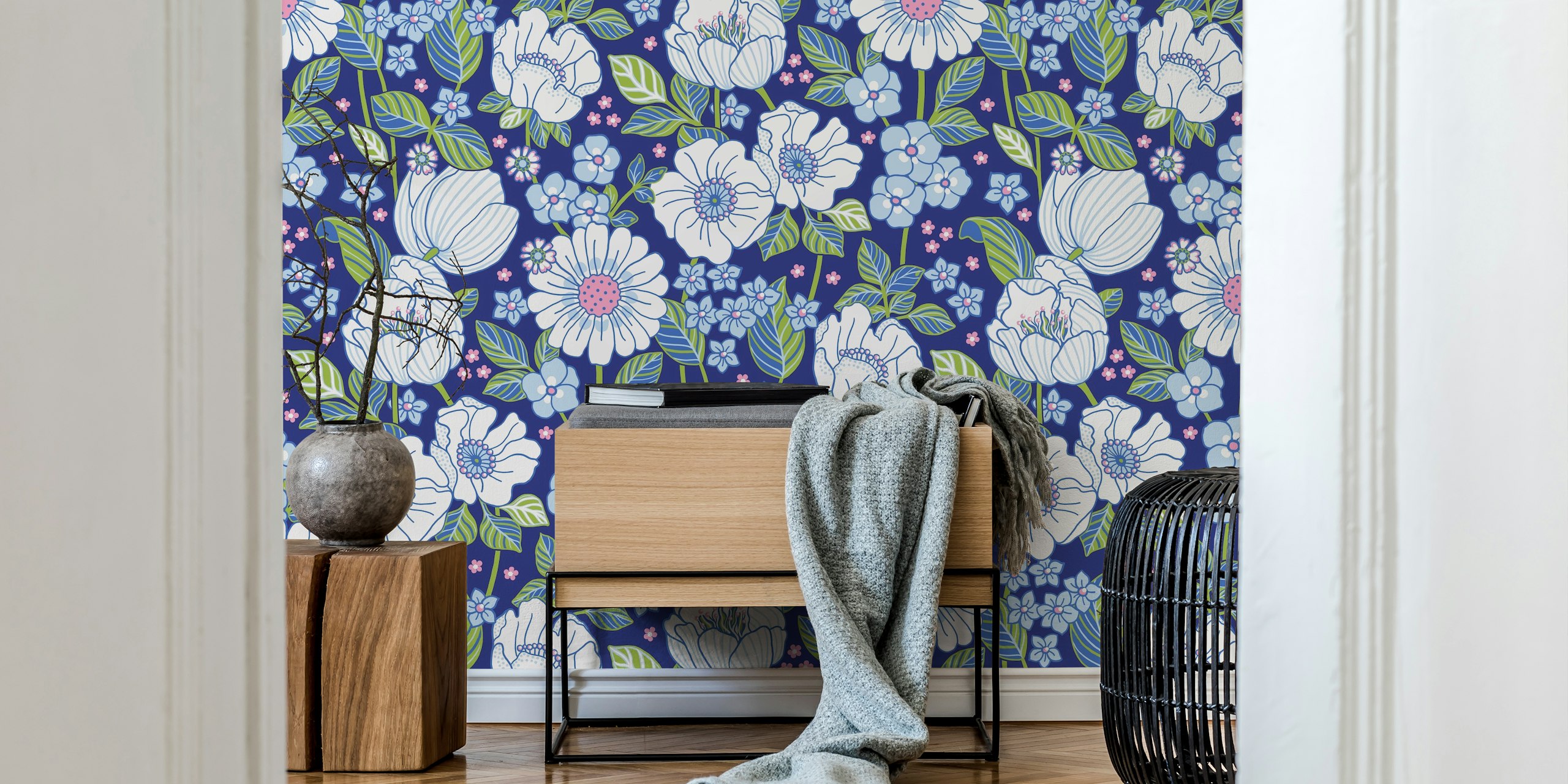 Floral wallpaper design in a room