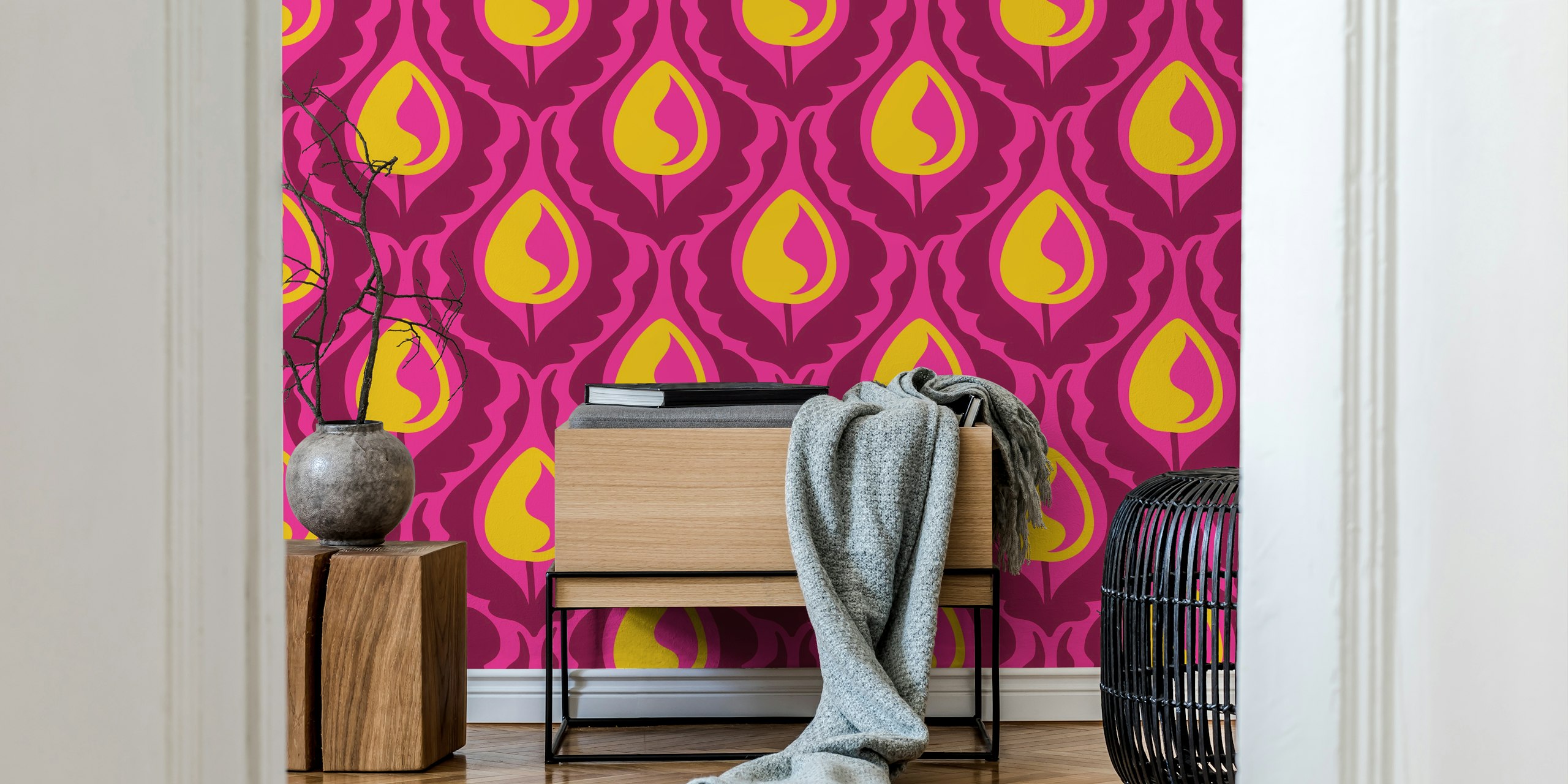 Vintage tulip wallpaper in a vibrant pink room