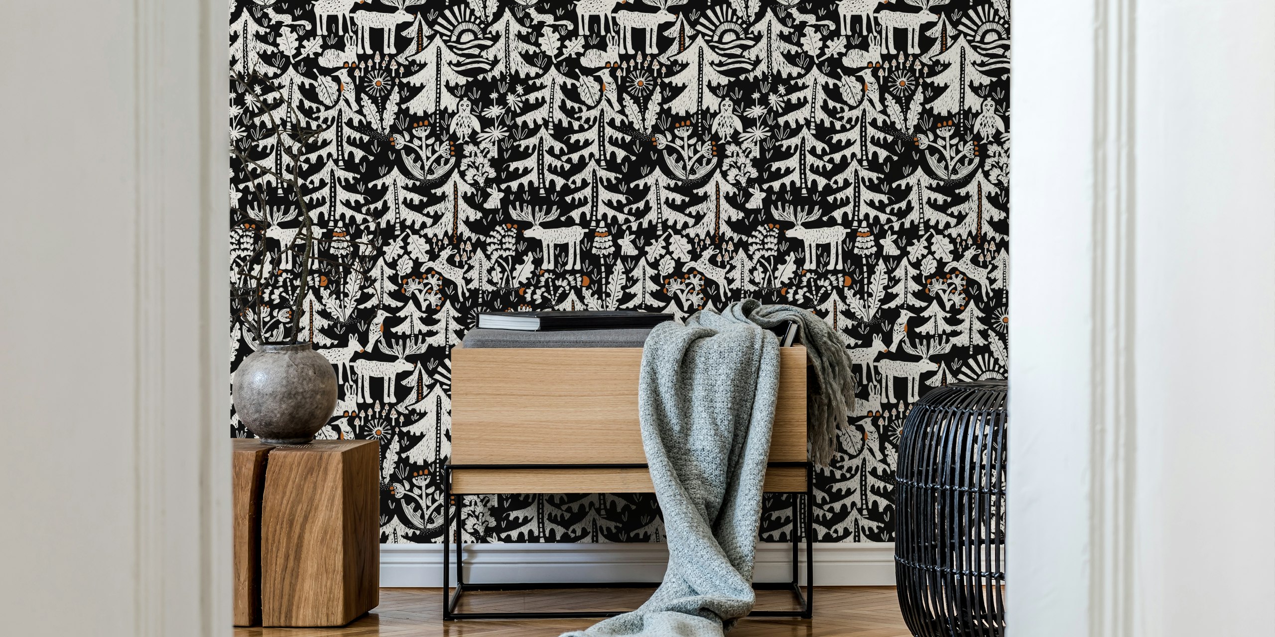 Black Forest black and white wall mural with stylized trees and wildlife