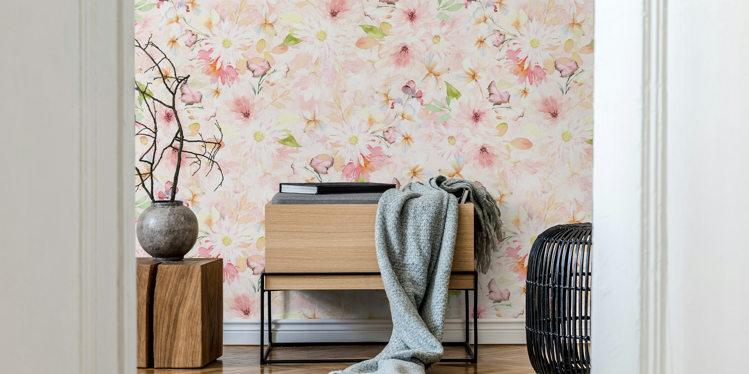 Blush Pink Flowers Meadow wall mural with soft pink petals and blossoms