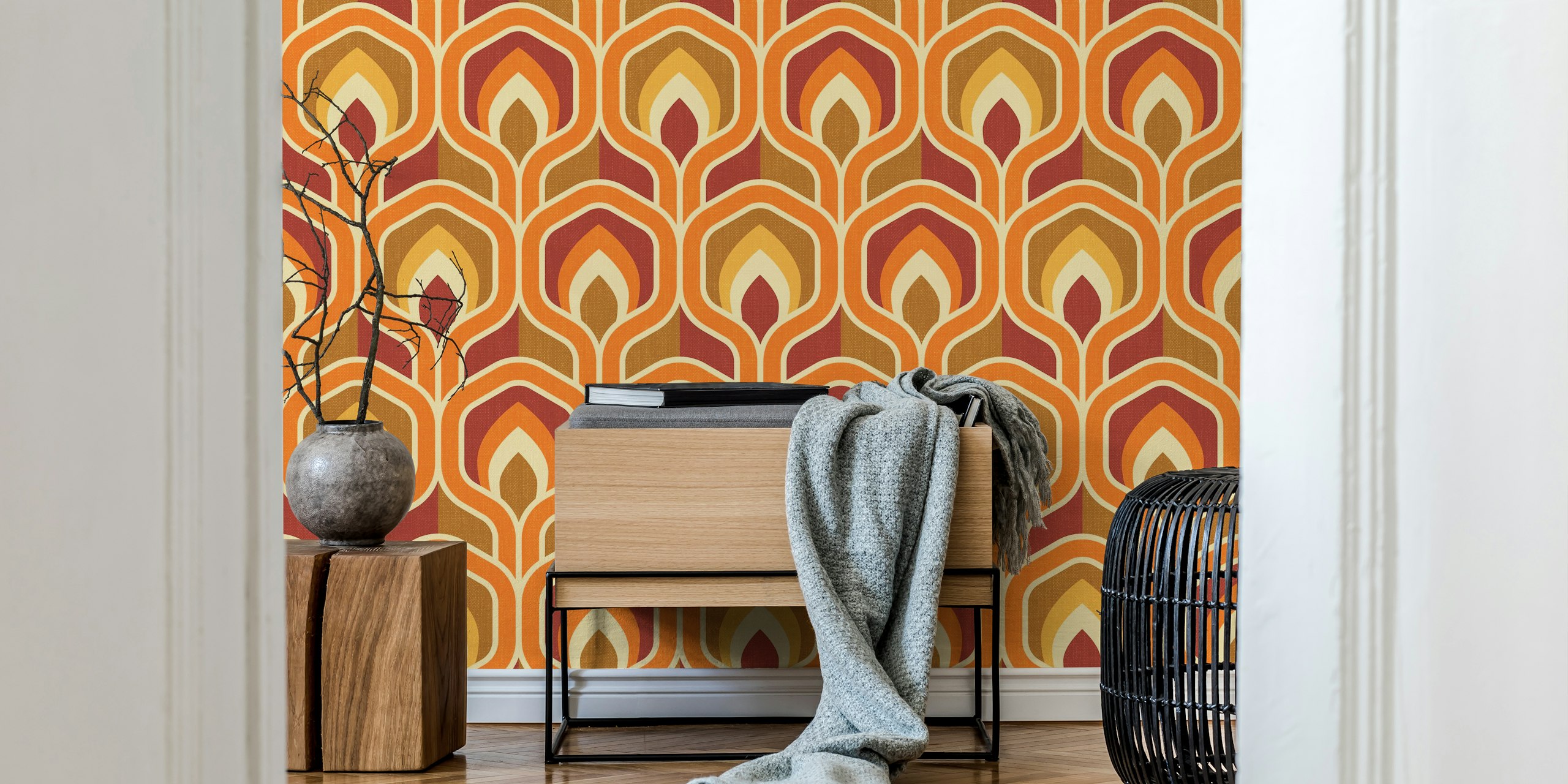 Motifs rétro orange, jaune et marron sur un papier peint mural