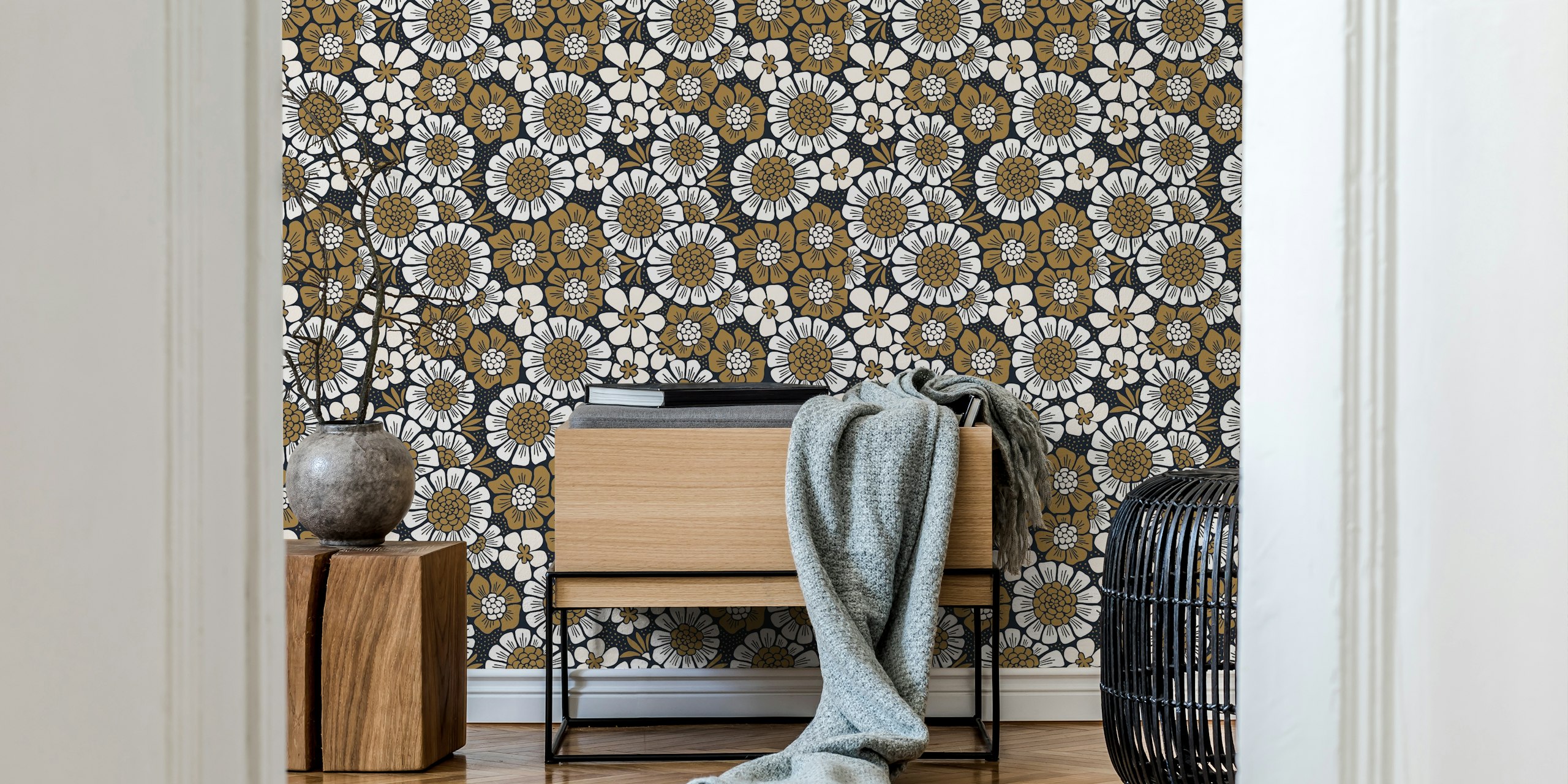 Black and gold floral pattern wallpaper featuring various flowers on a dark background