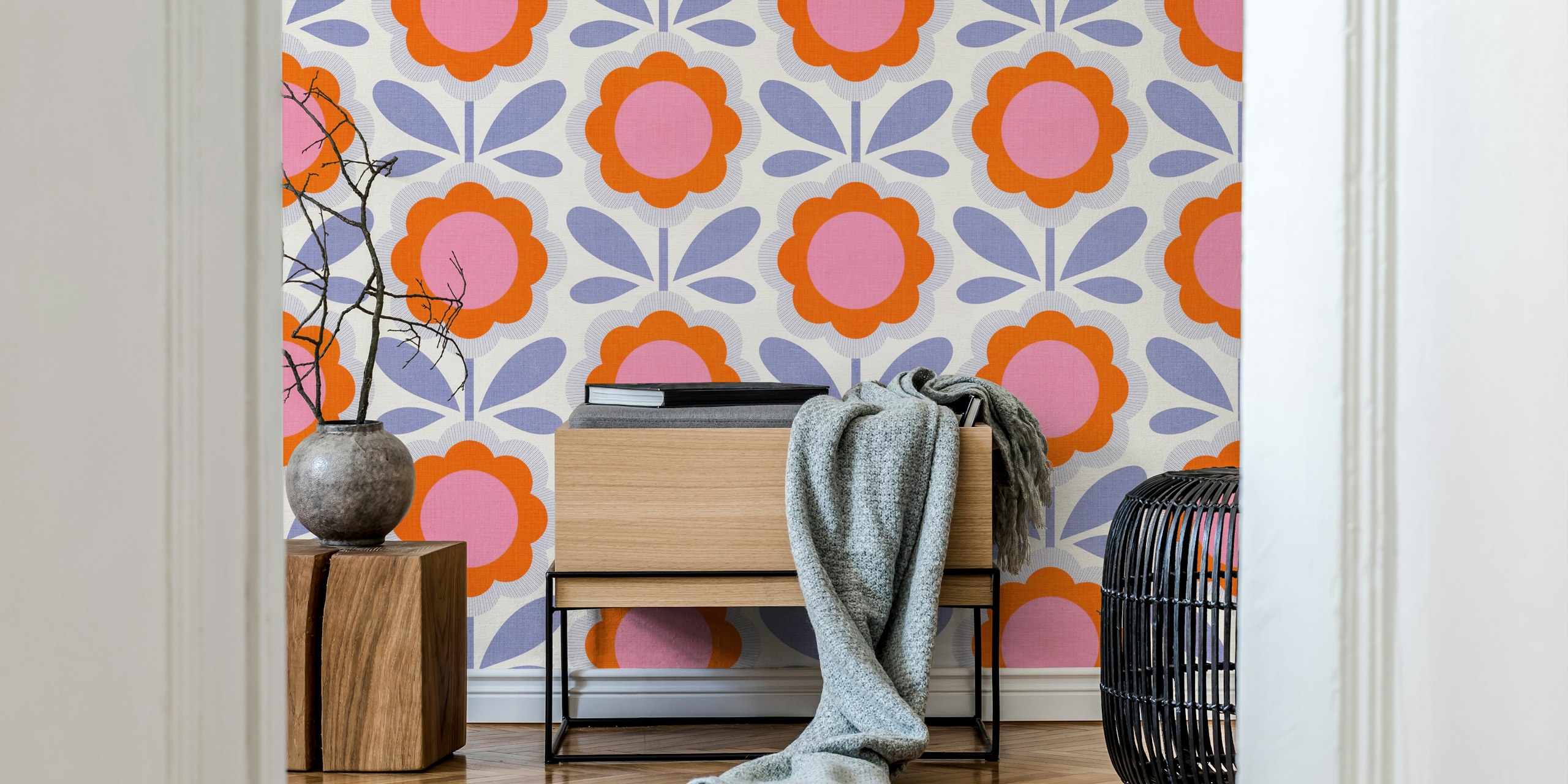 Retro daisy flowers wallpaper in a room