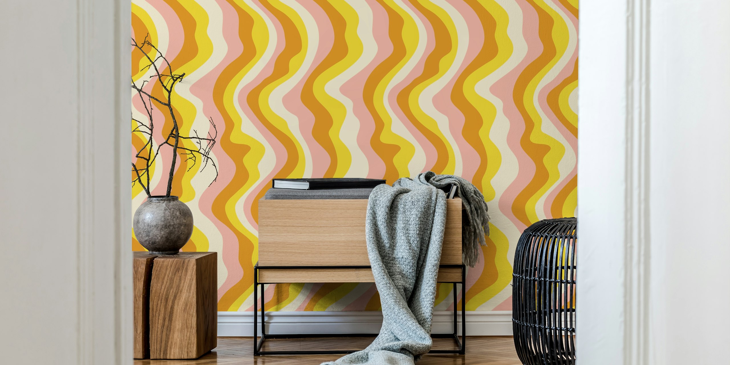Mod Wavy Stripes wall mural in pink and yellow
