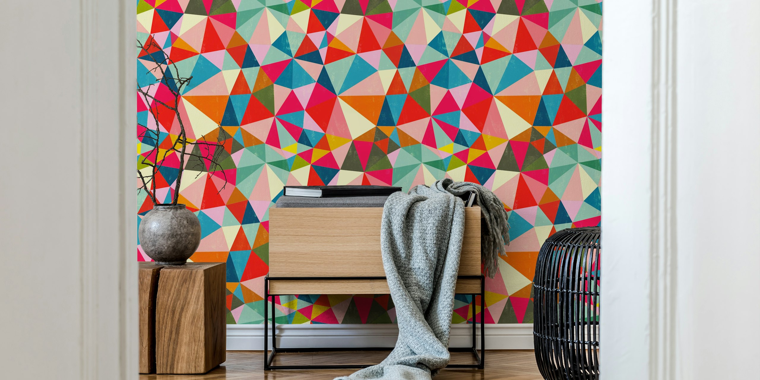 Colorful triangle pattern in pink, blue, yellow, and green wallpaper