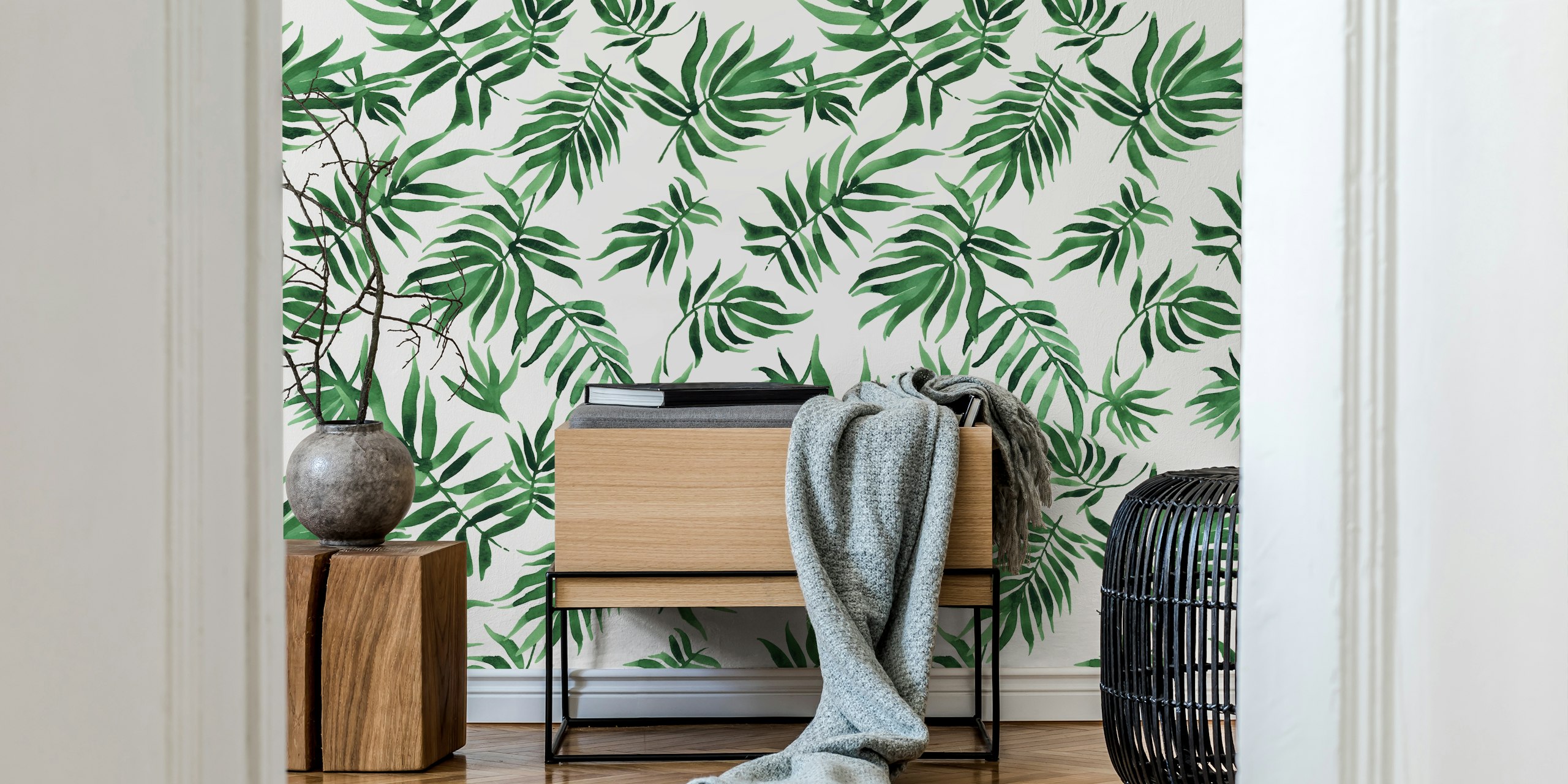 Watercolor green leaves pattern wall mural