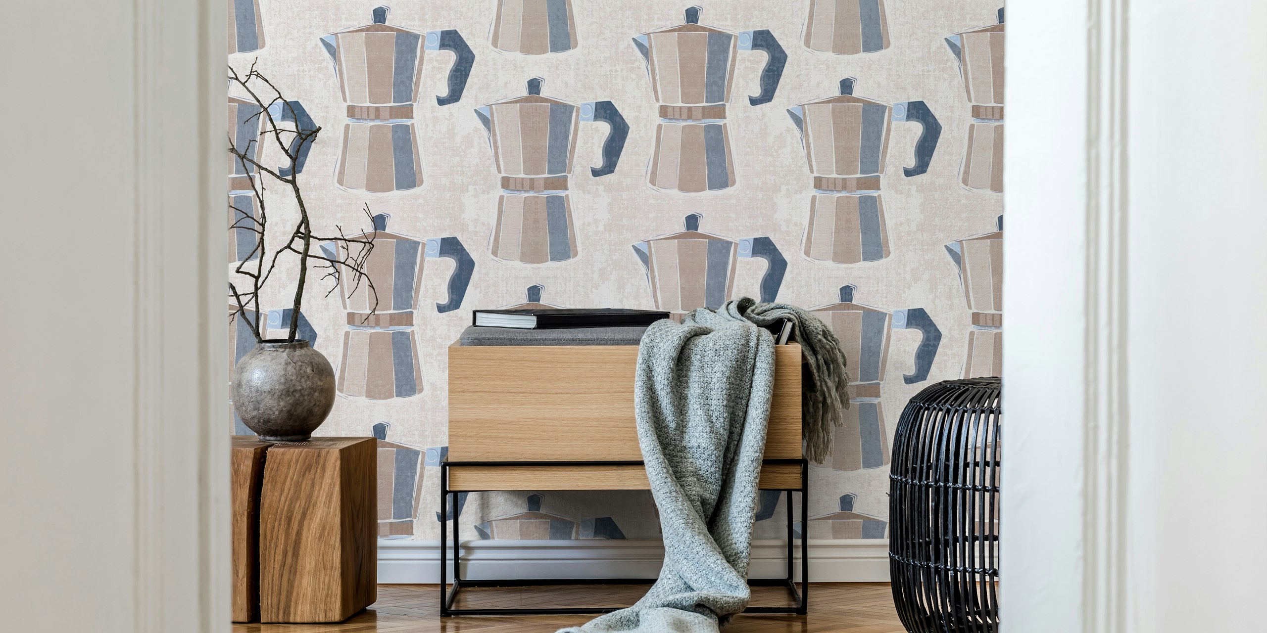 Fototapete im Pop-Art-Stil mit italienischen Kaffeemaschinen und Moka-Kannen in einer neutralen Farbpalette.