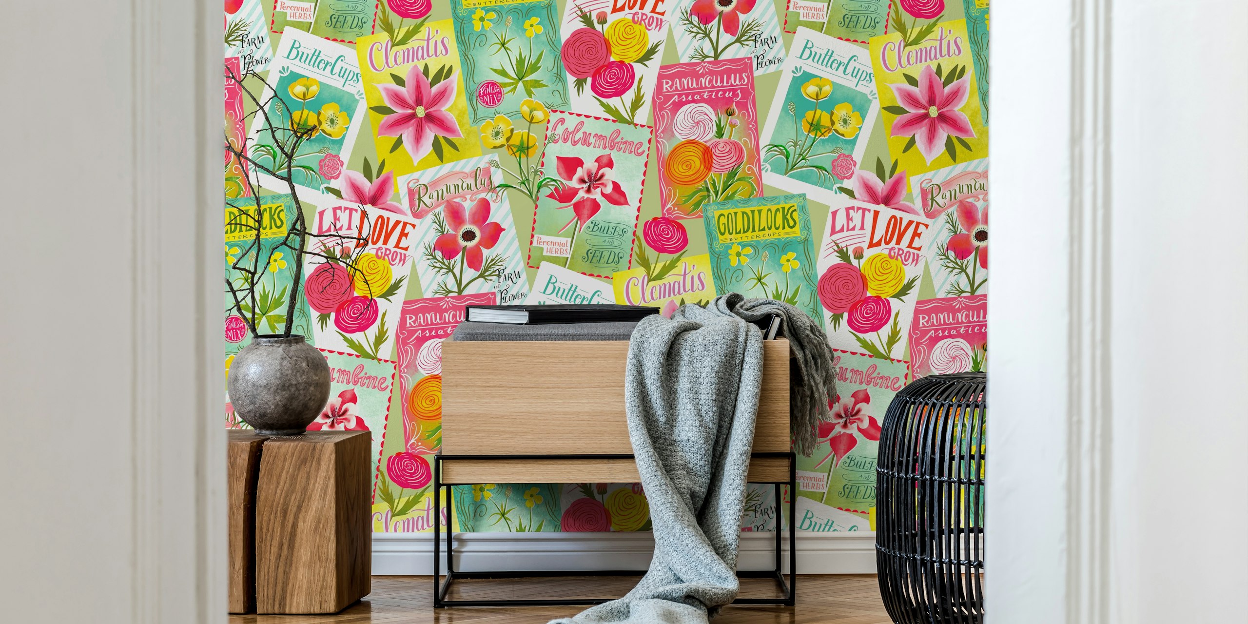 Vintage seed packets wallpaper design in a room