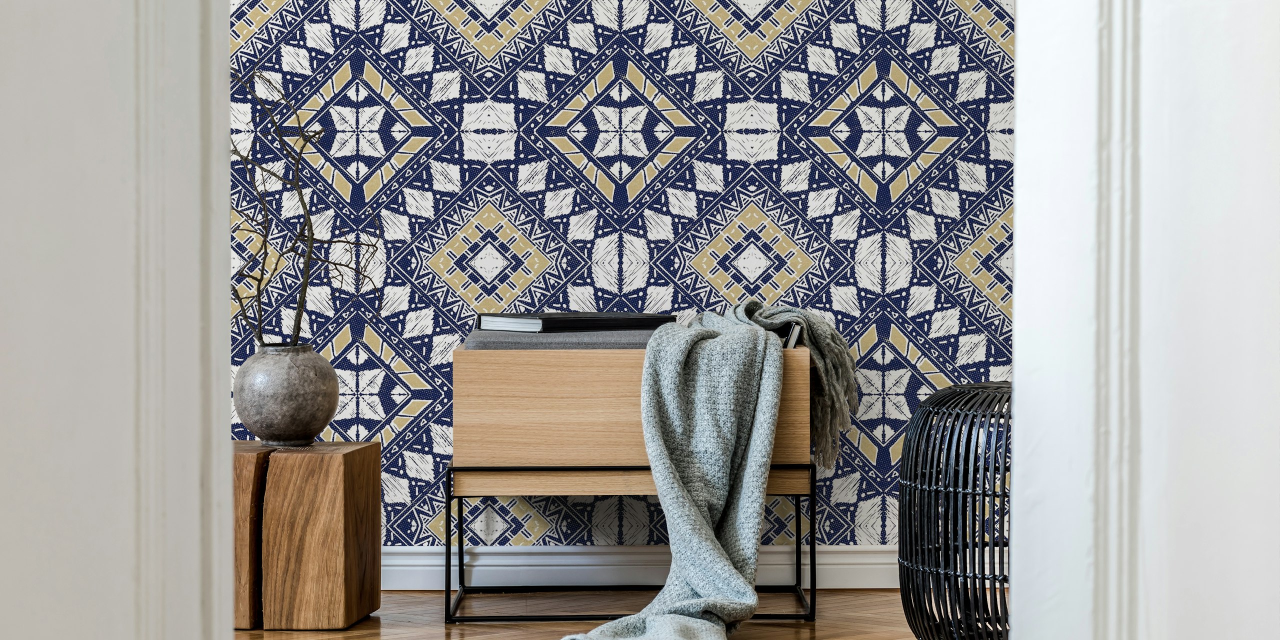 Geometric tribal pattern in navy blue and gold colors wallpaper