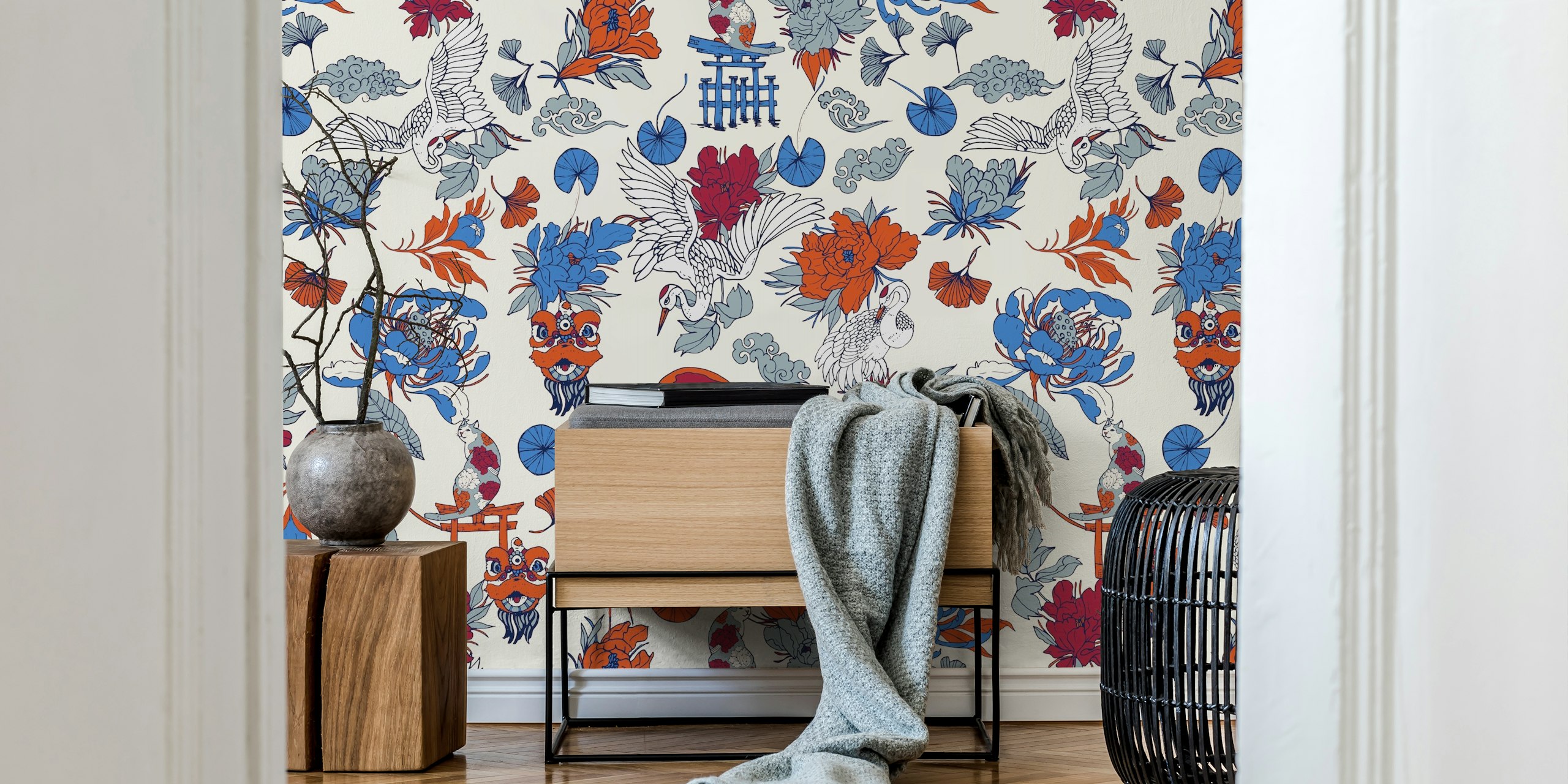 Colorful floral and crane patterns in red, blue, and gray wallpaper