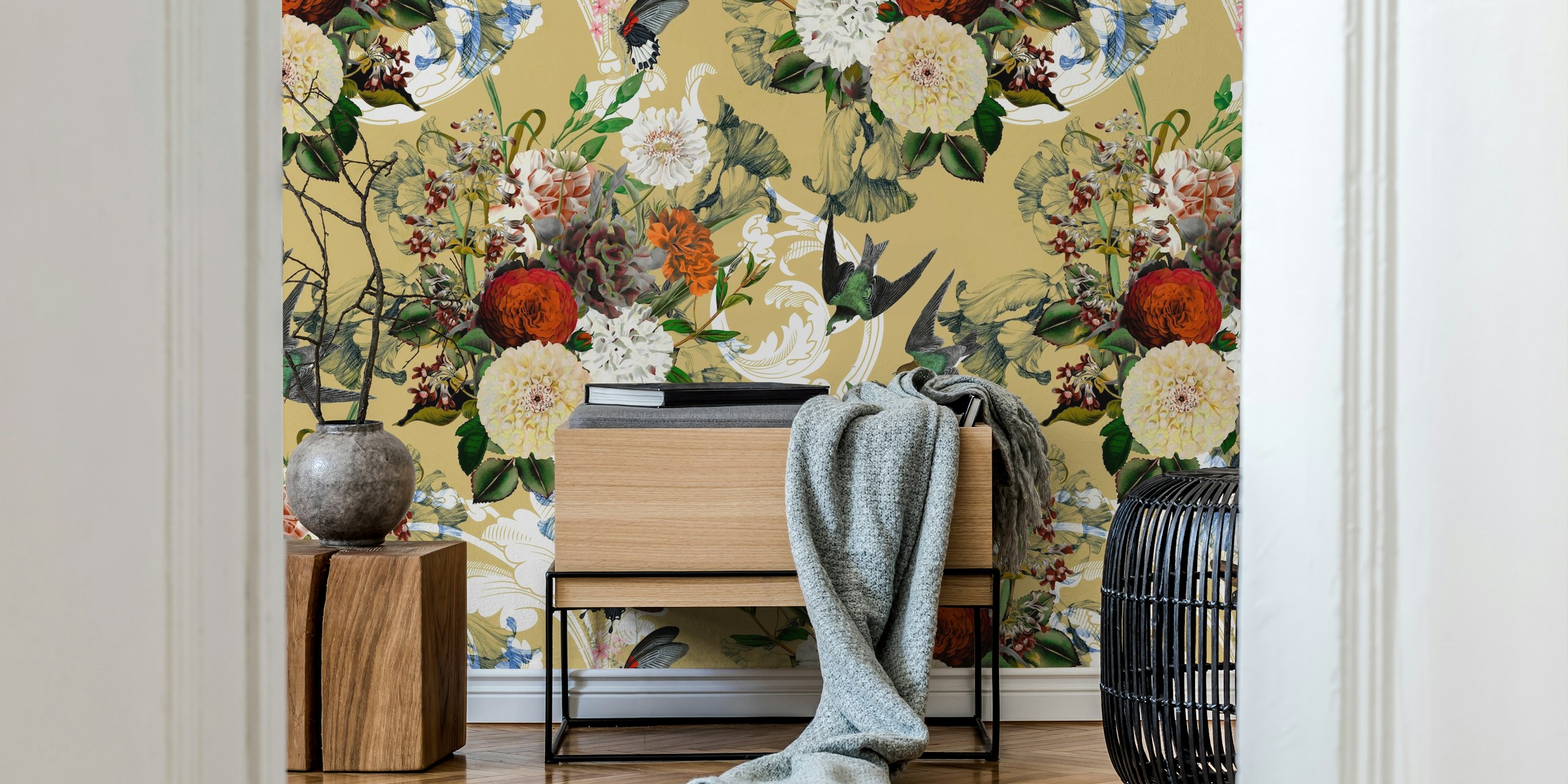 Baroque flower bouquet pattern wallpaper in a room