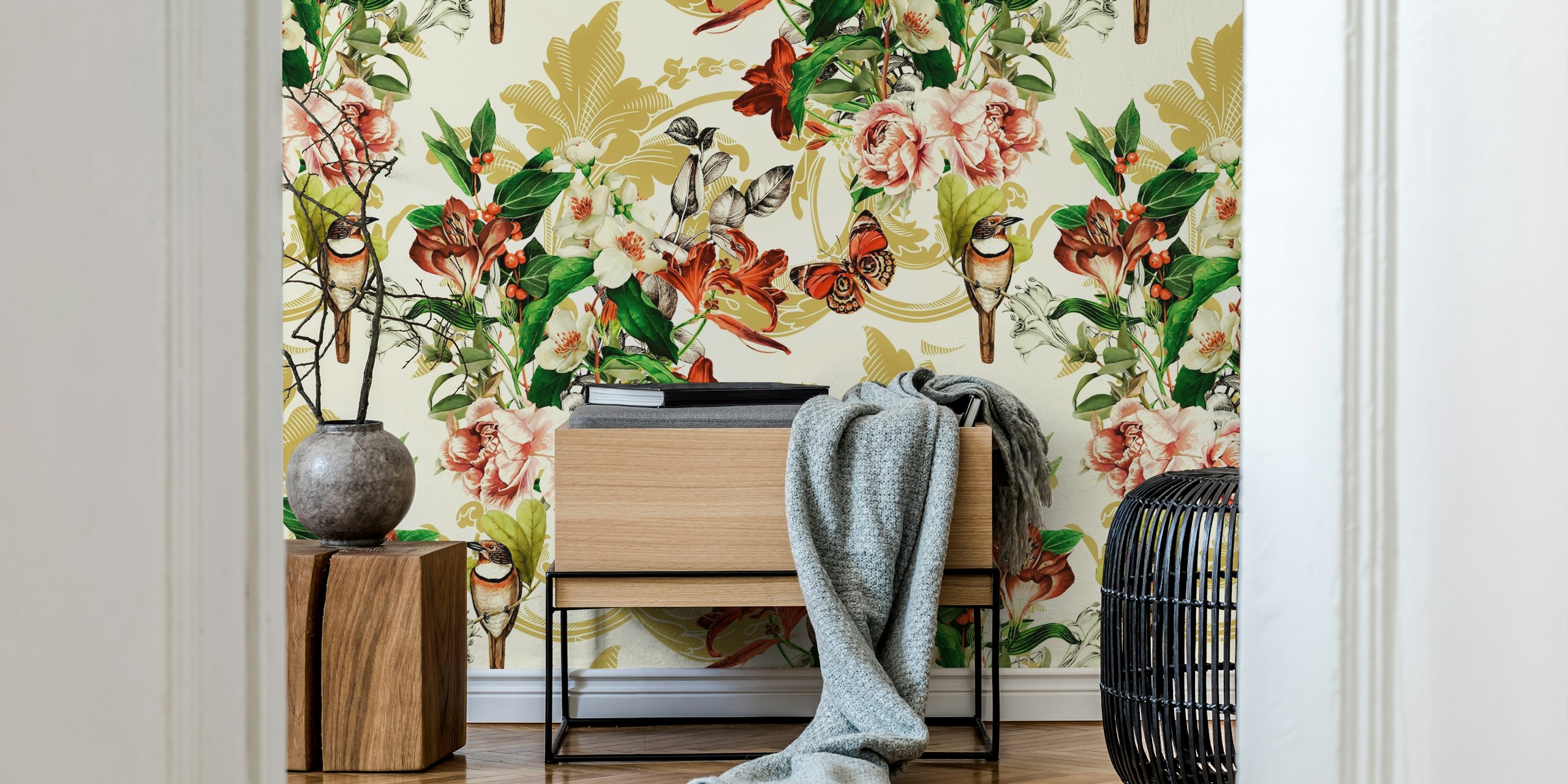 Floral wallpaper with birds, flowers, and butterflies in vibrant colors
