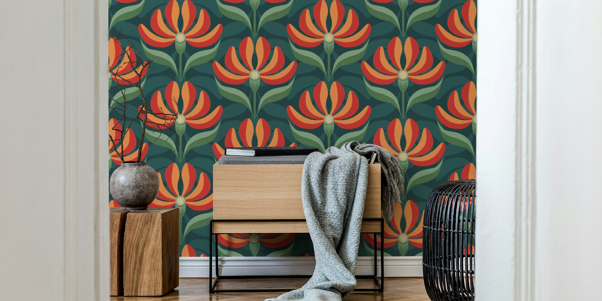 retro-style geometric floral pattern wall mural in teal, green, red, and orange