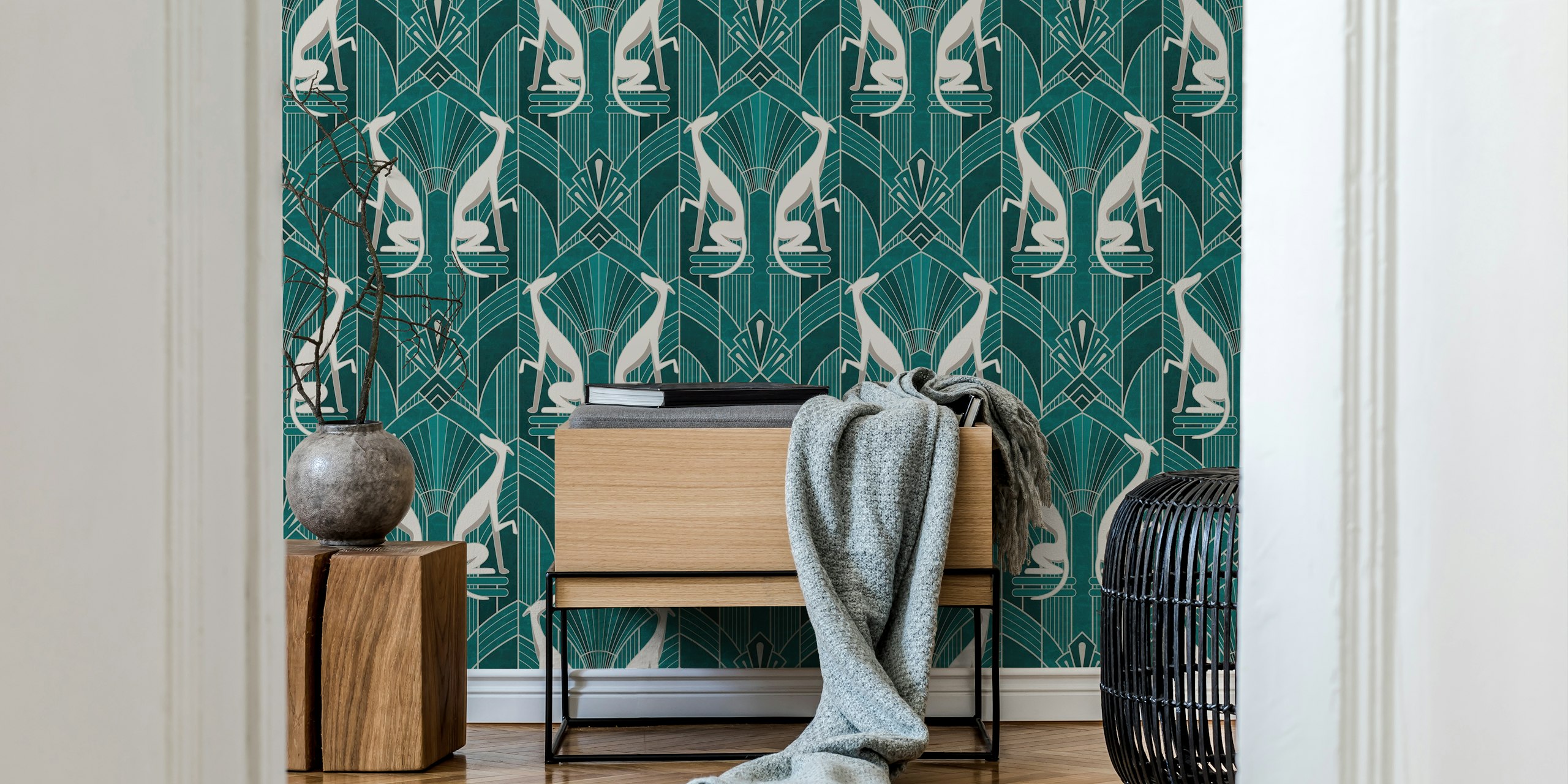 Art Deco Gray Grayhound wallpaper in a room