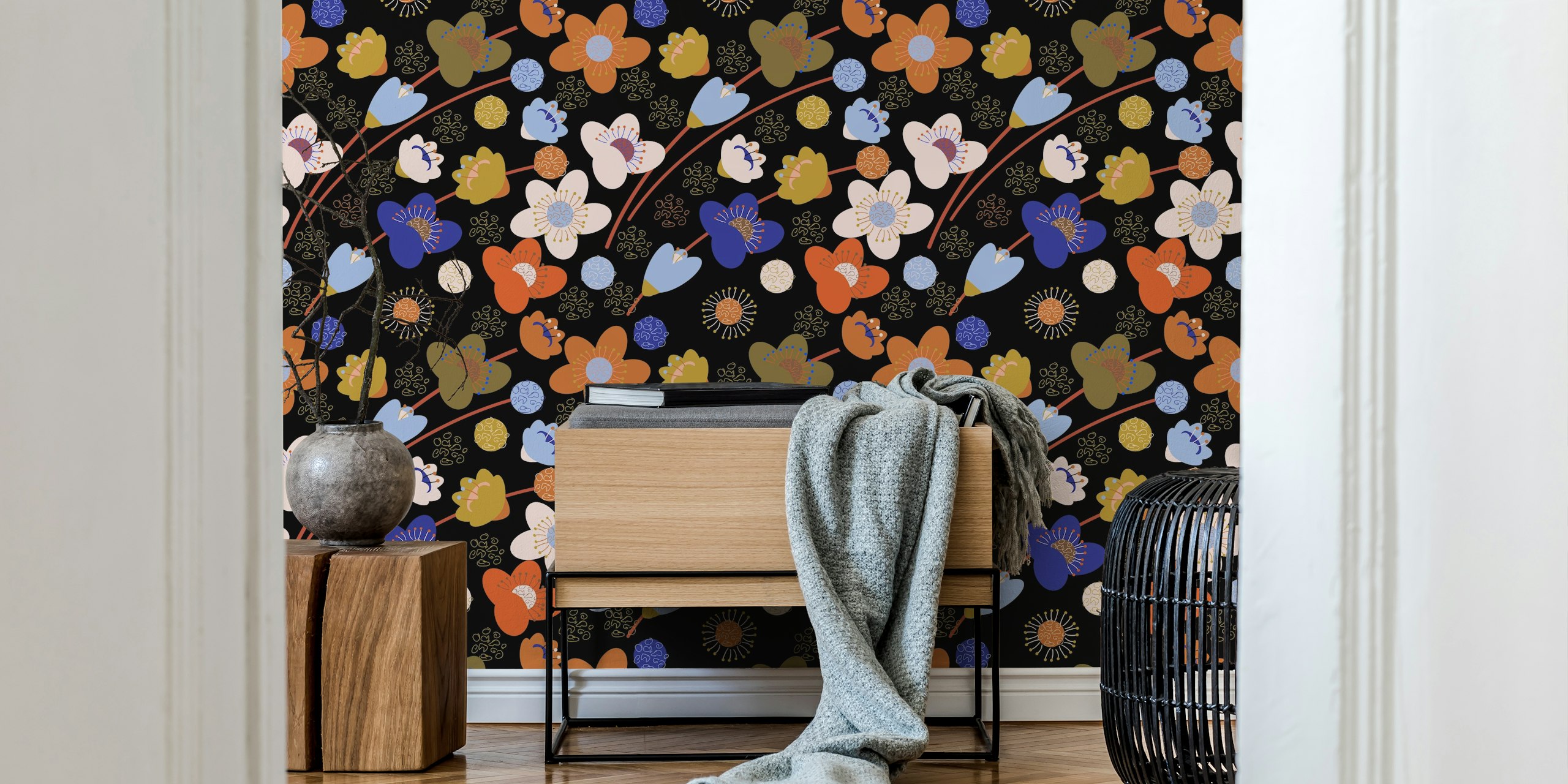 Colorful flowers with black background wallpaper