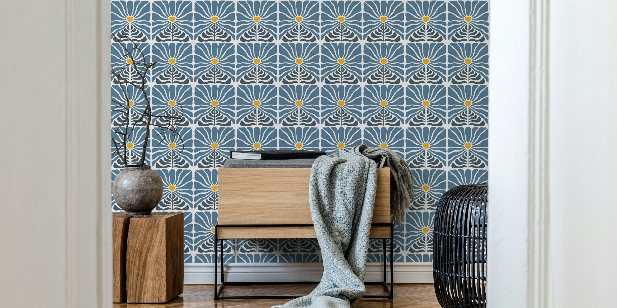 Vintage-inspired wall mural featuring blue flowers with yellow centers on a retro patterned background