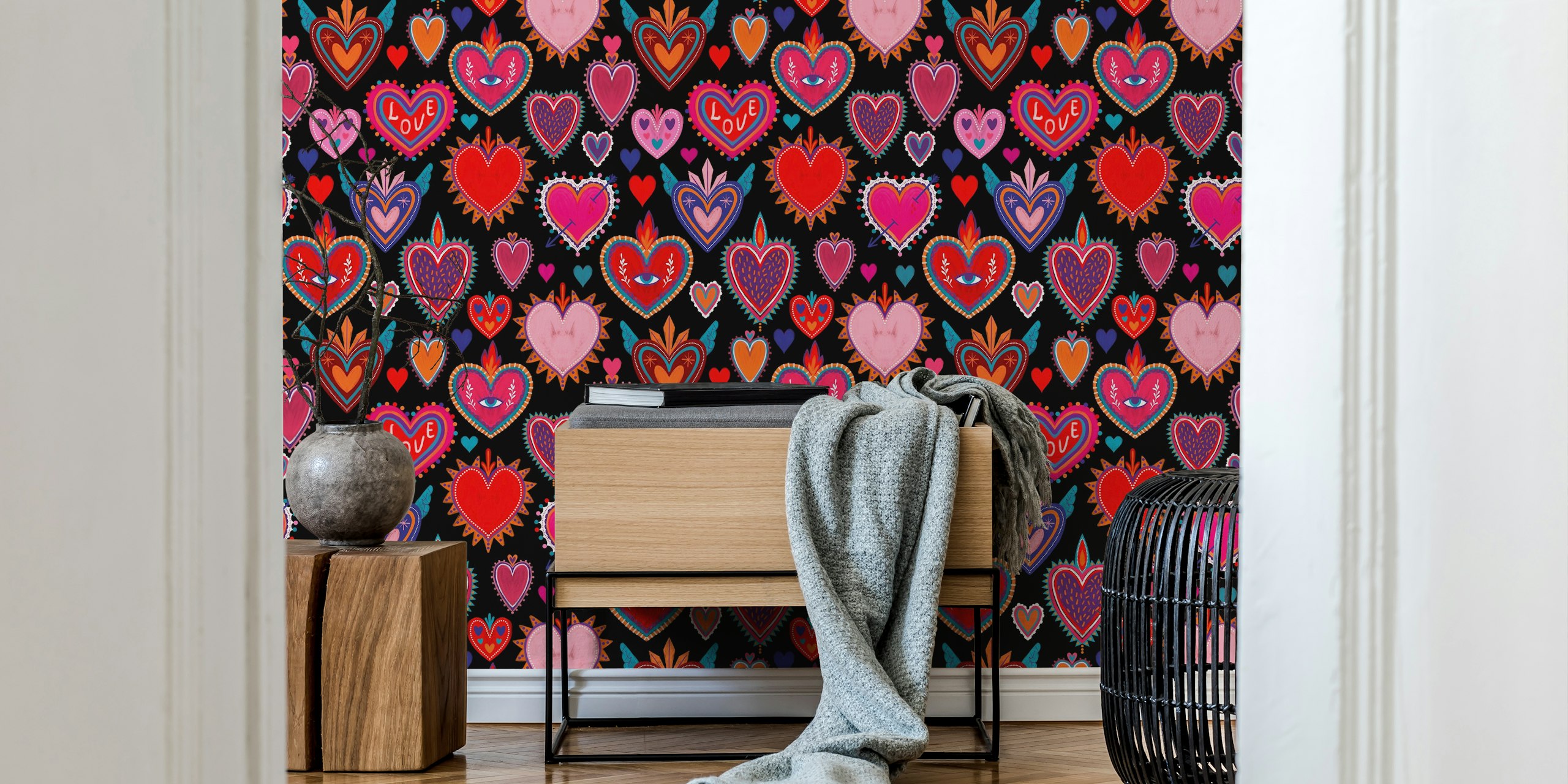 Colorful heart patterns on a black background wallpaper