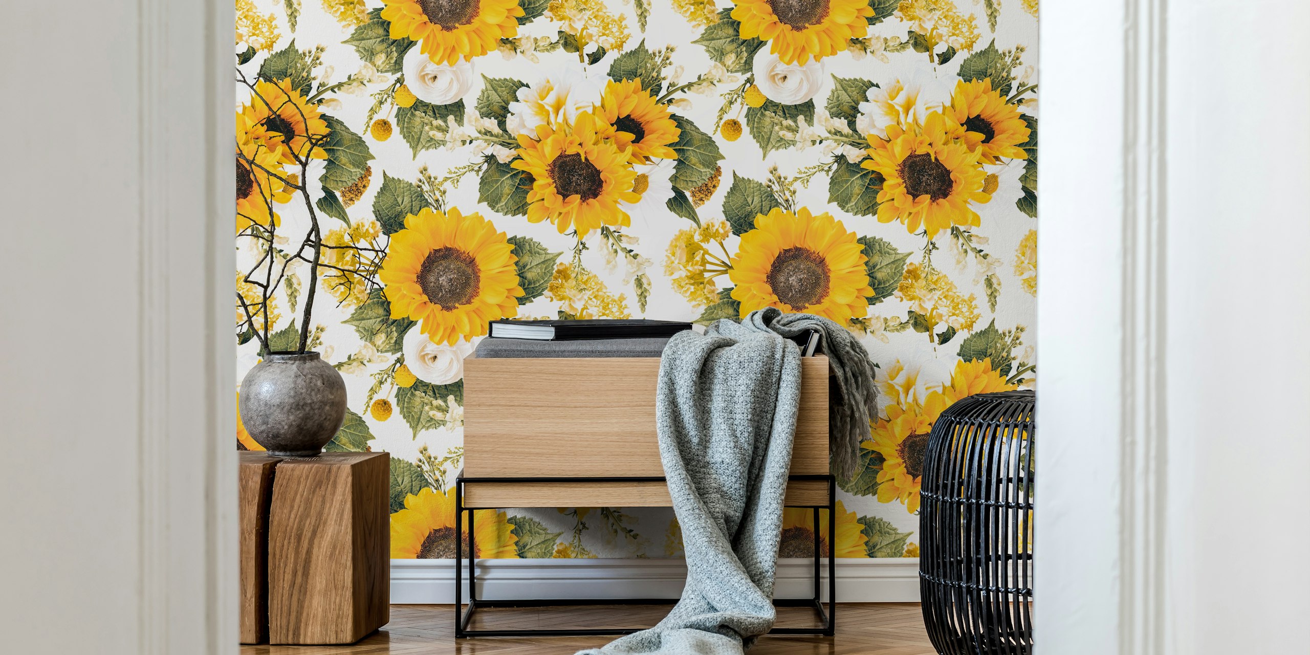 Lyse solsikker og hvite blomsterveggmalerier