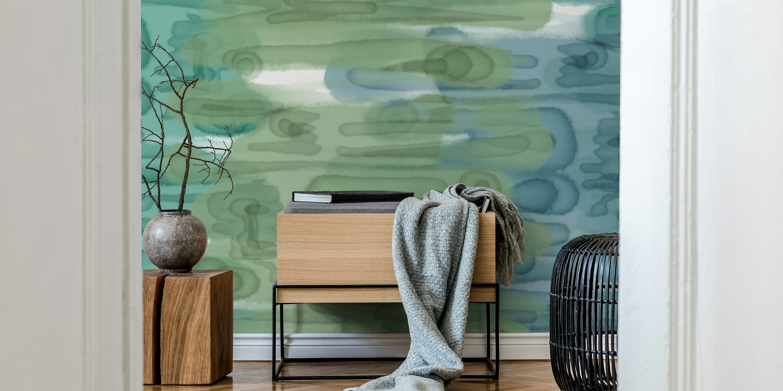 Abstract wallpaper with flowing green and blue patterns