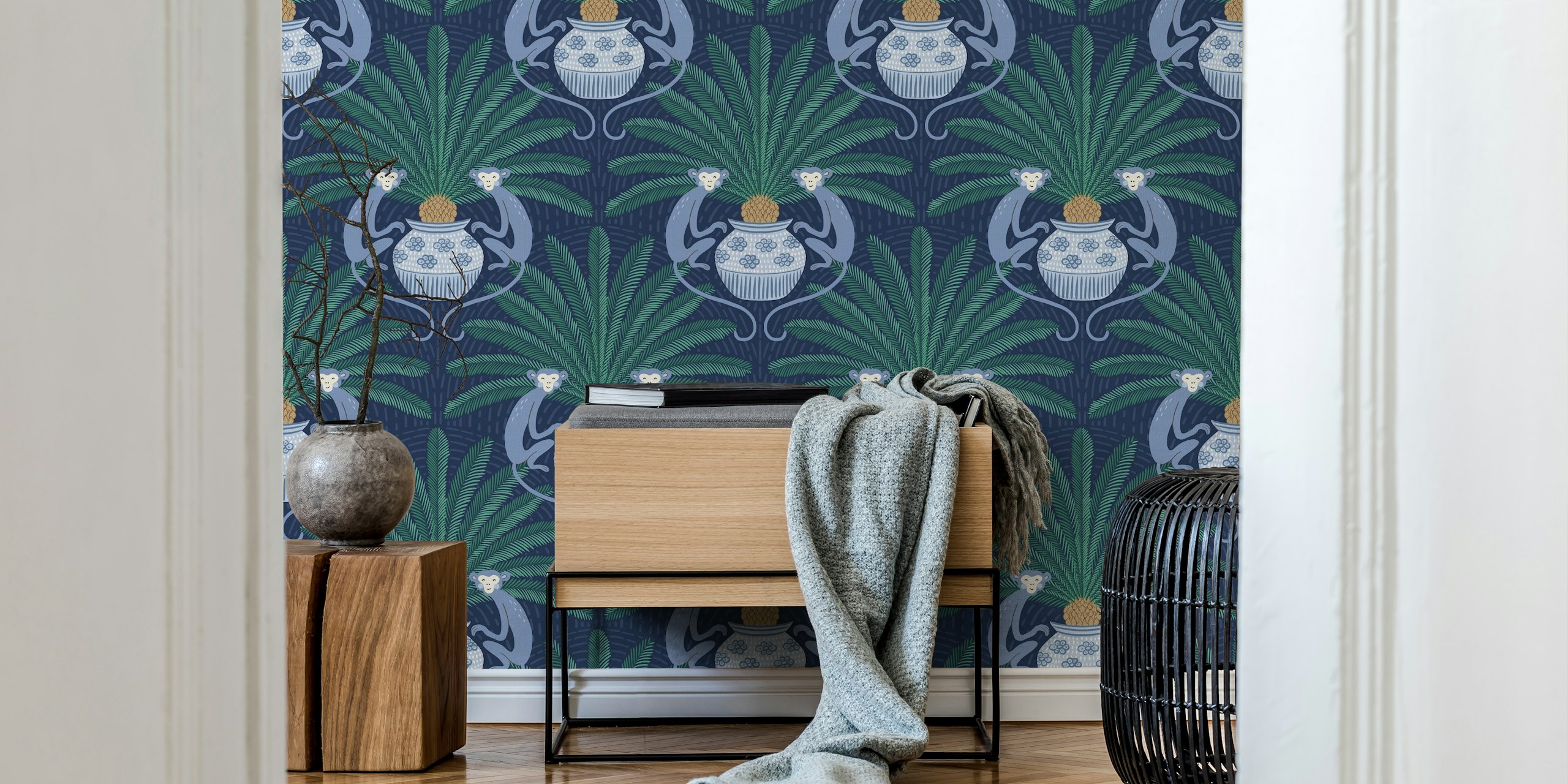 Tropical palm leaves and monkeys in blue wallpaper