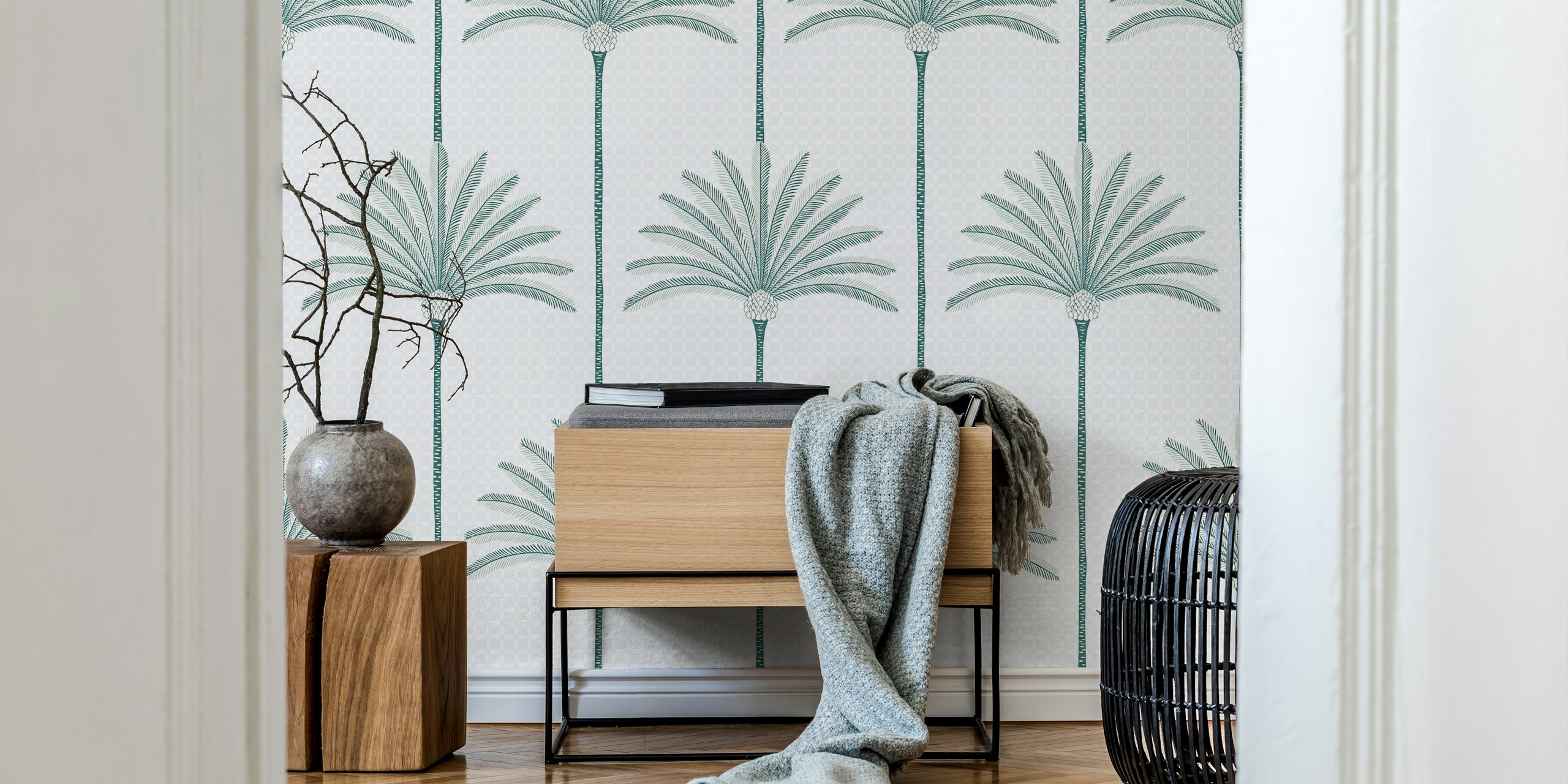 Tapeta Palm Stripes teal u sobi