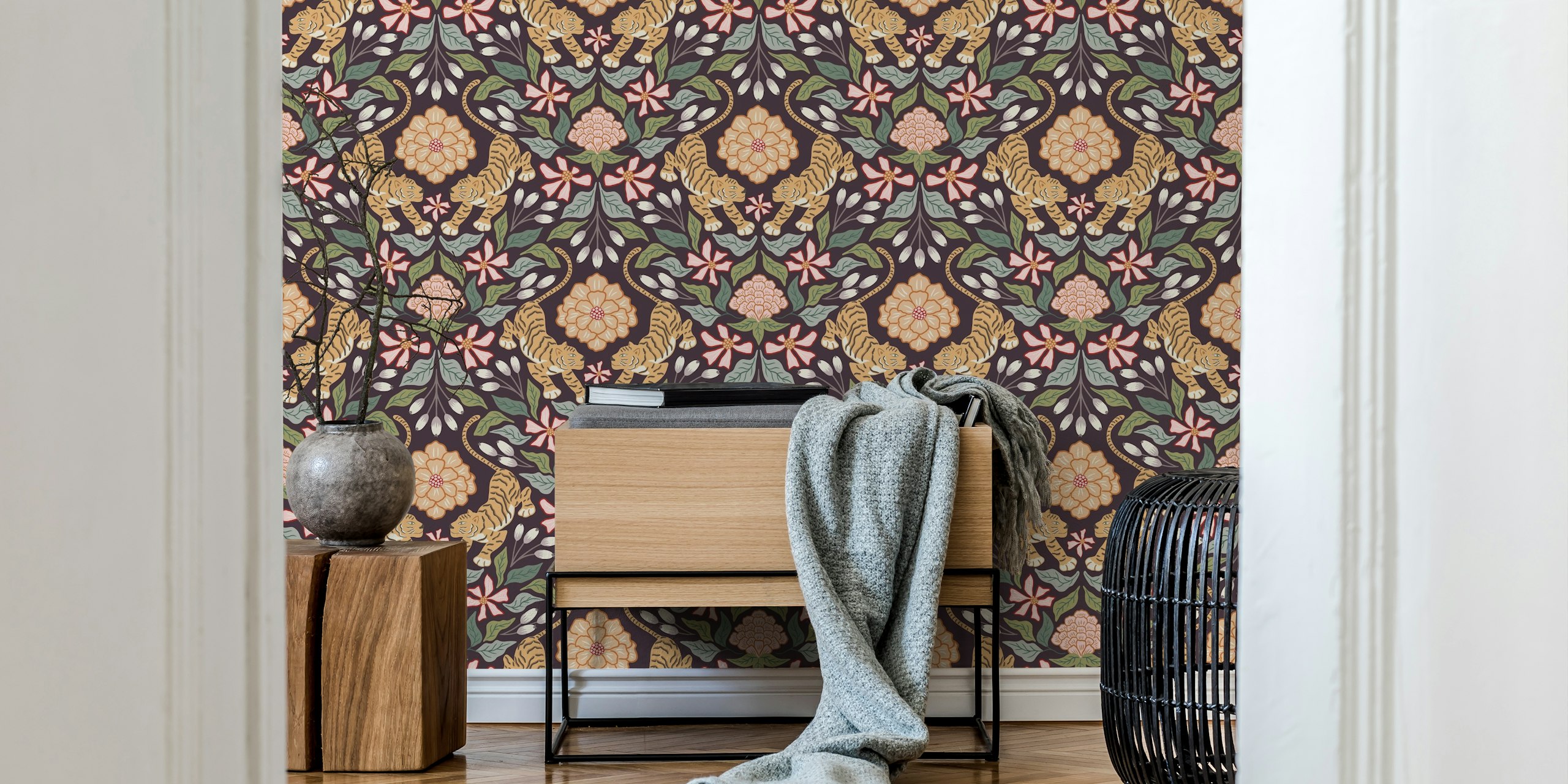 Dark tiger and flowers pattern wallpaper in room