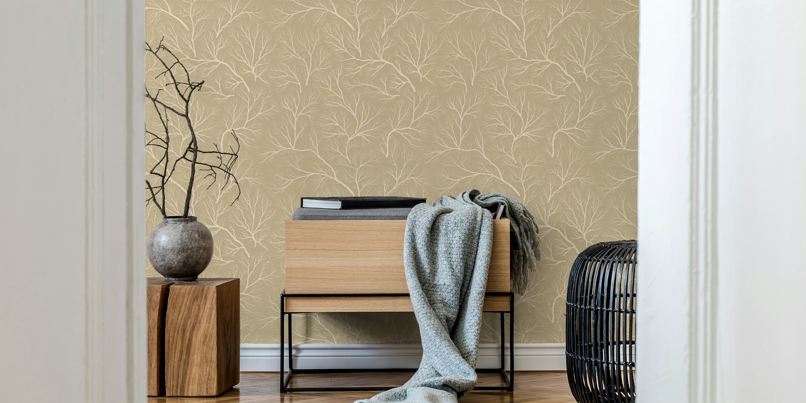Beige wallpaper with delicate white branch patterns, nature-inspired design, elegant style