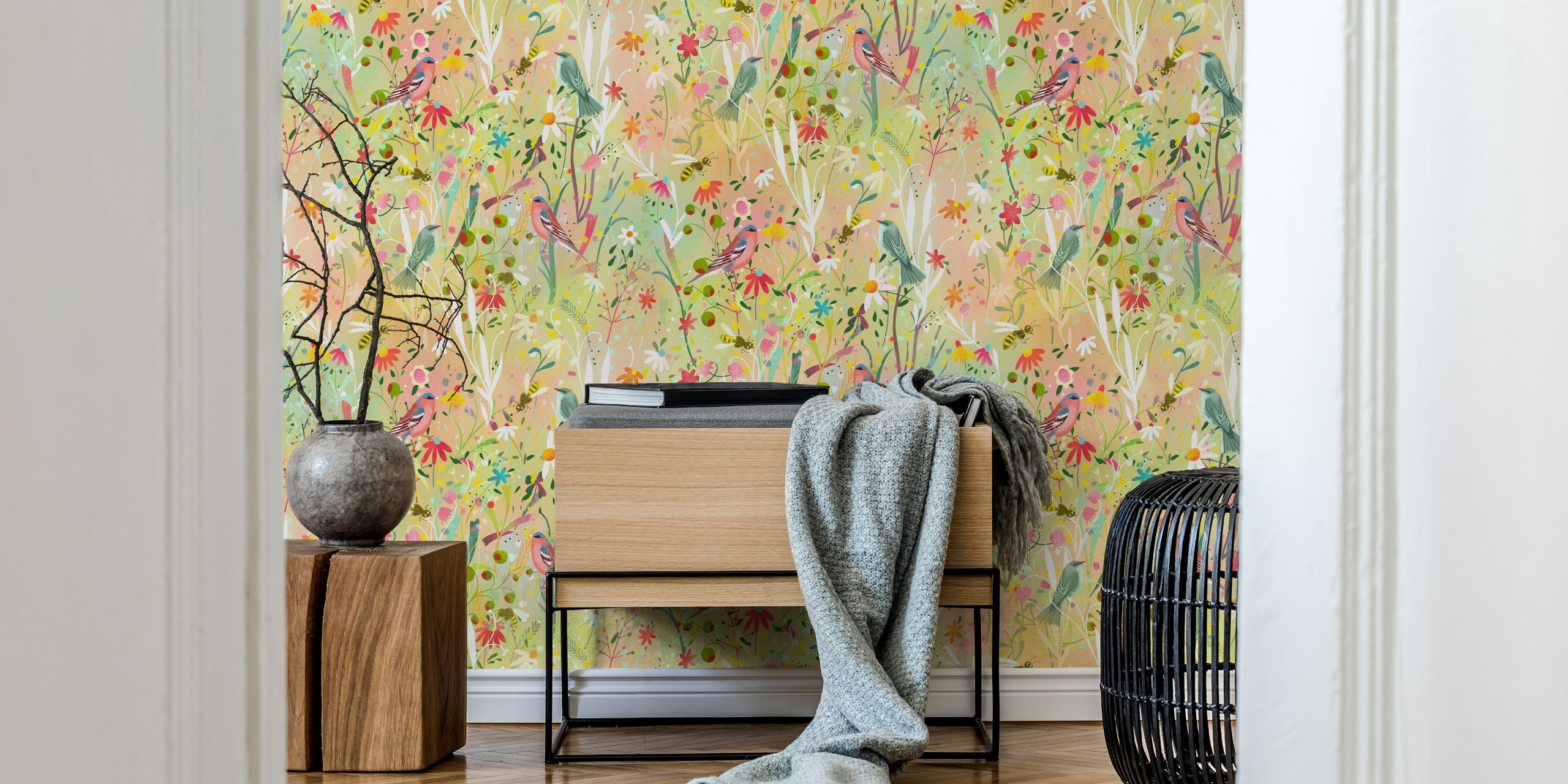 Tapet med pastel meadow, busy bees + birds