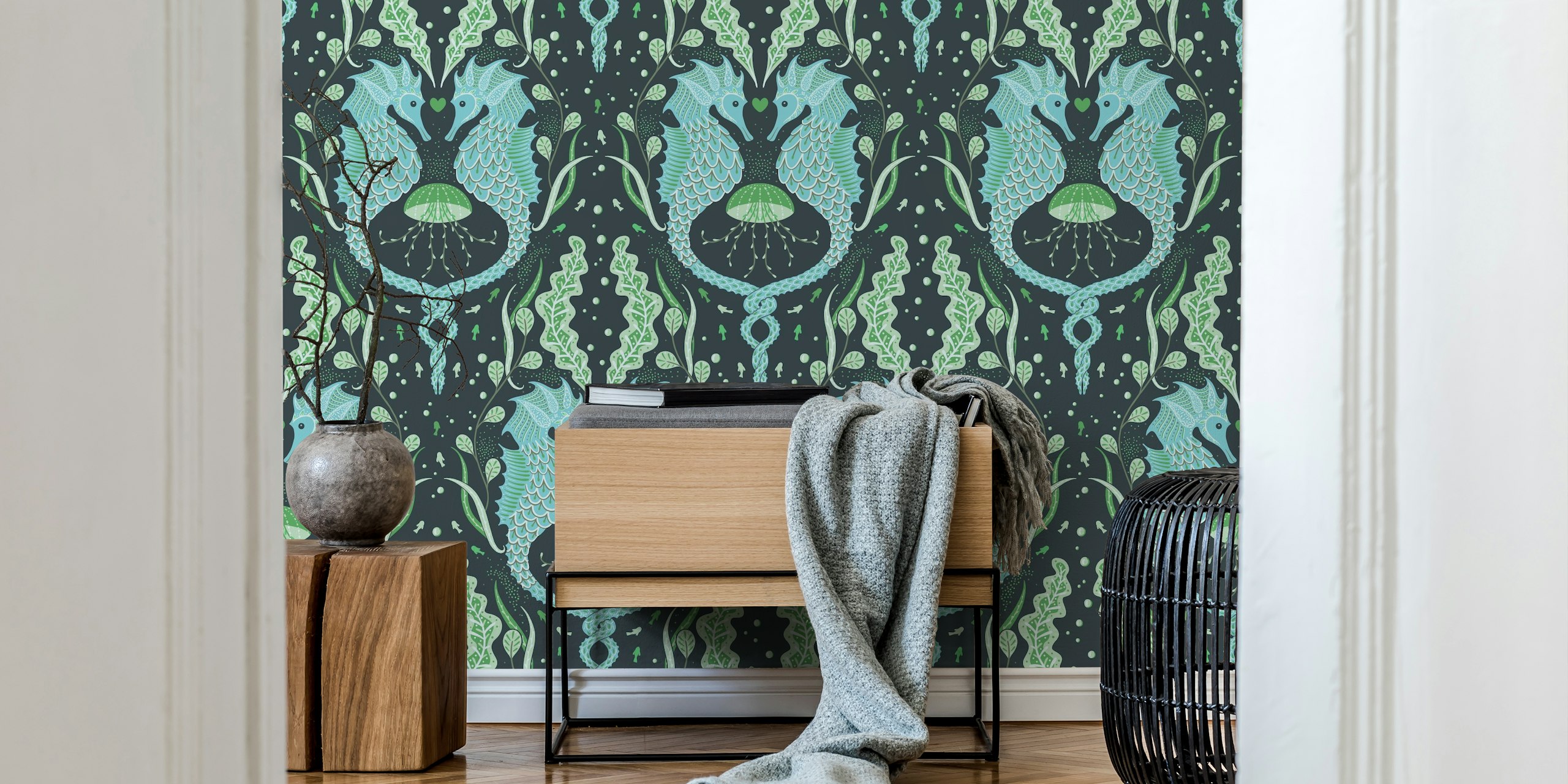 Seahorse wallpaper in a room setting