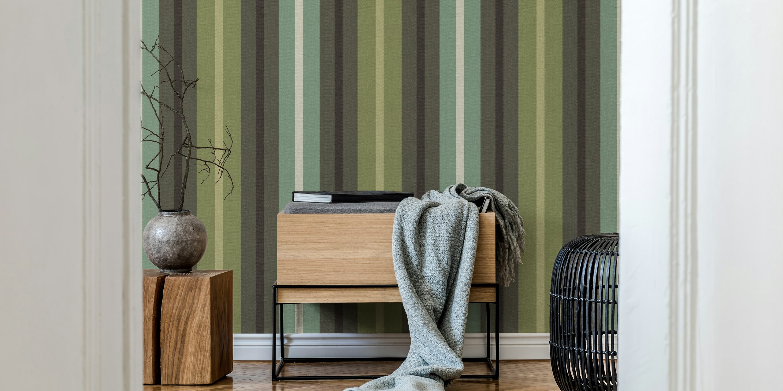 Green burlap textured stripe wall mural with varying shades of green