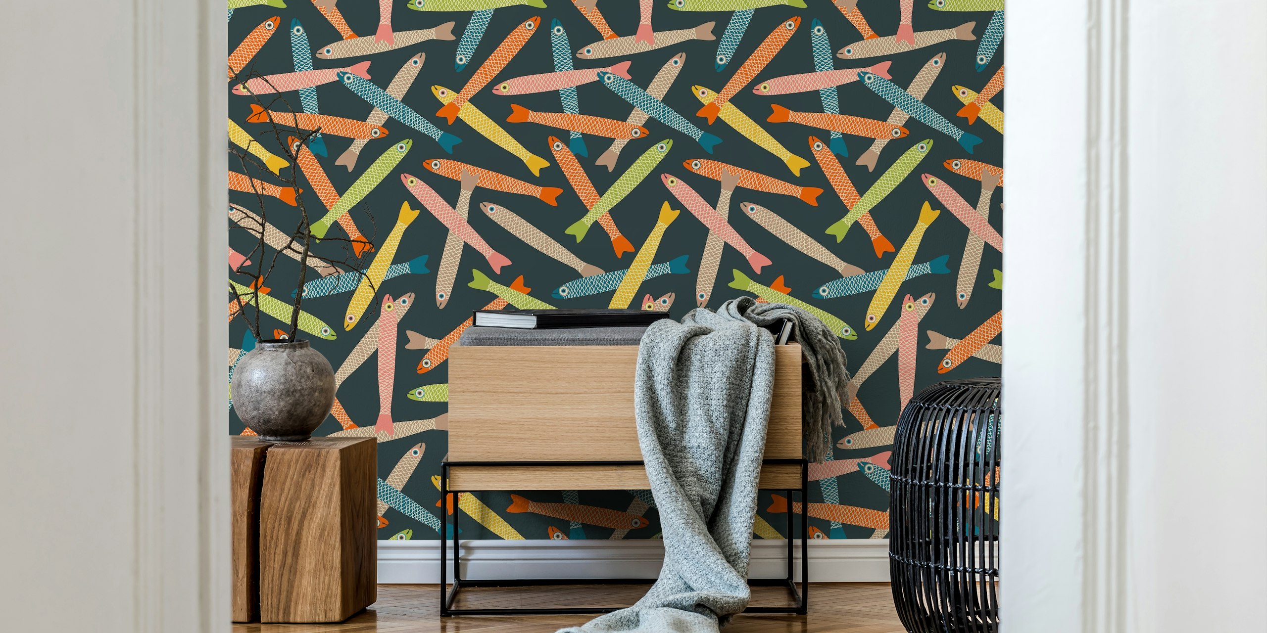Colorful retro fish patterns scattered across a charcoal background on a wall mural.