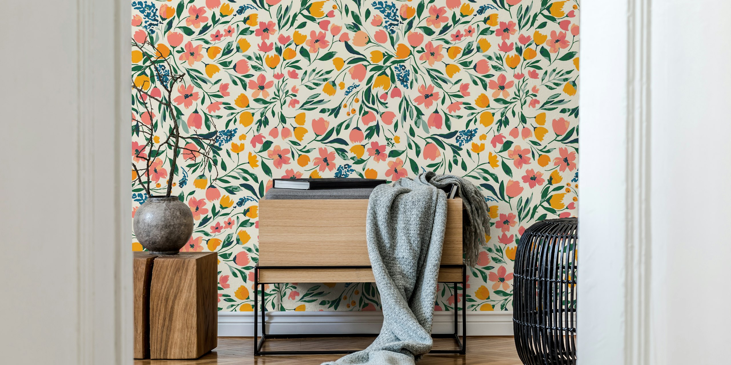 Floral and citrus fruit pattern wall mural named Margaret with pink, orange, and green motifs on a cream background.