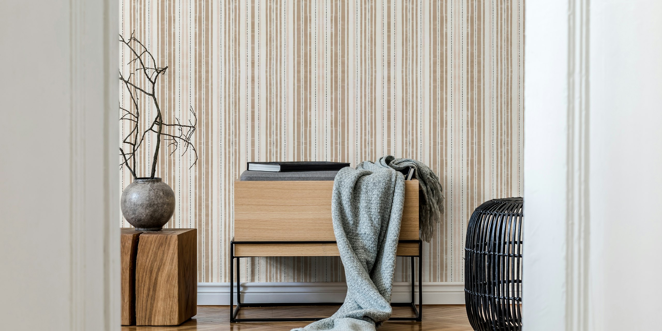 Rustic linen stripes beige brown wallpaper in a room