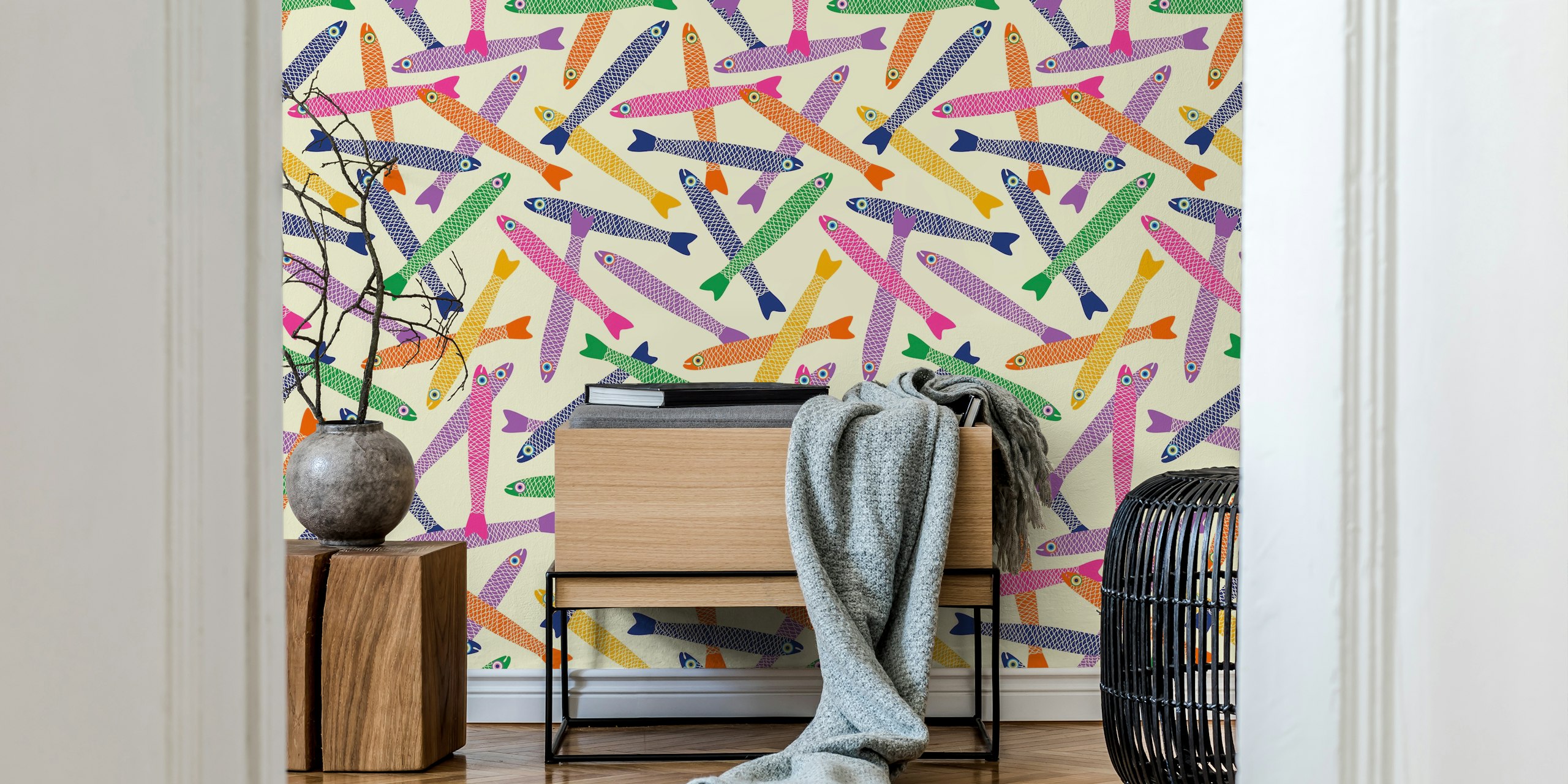Colorful fish pattern in vibrant hues on cream wallpaper