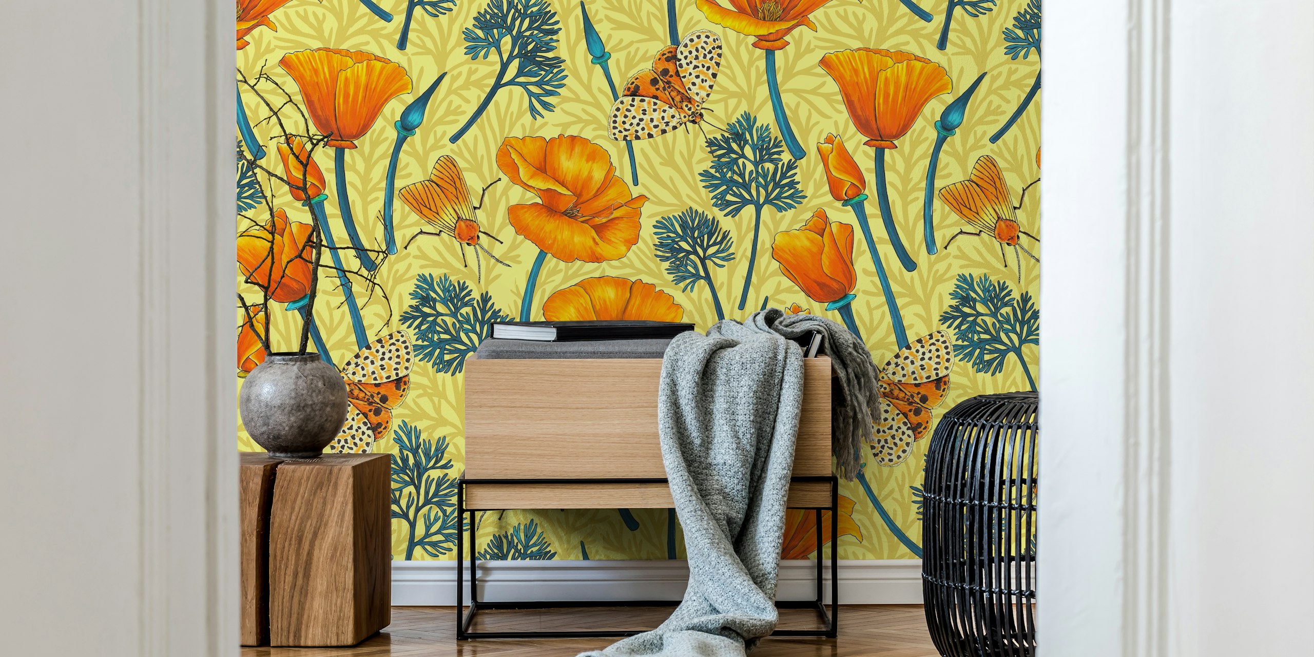 California poppies and moths design