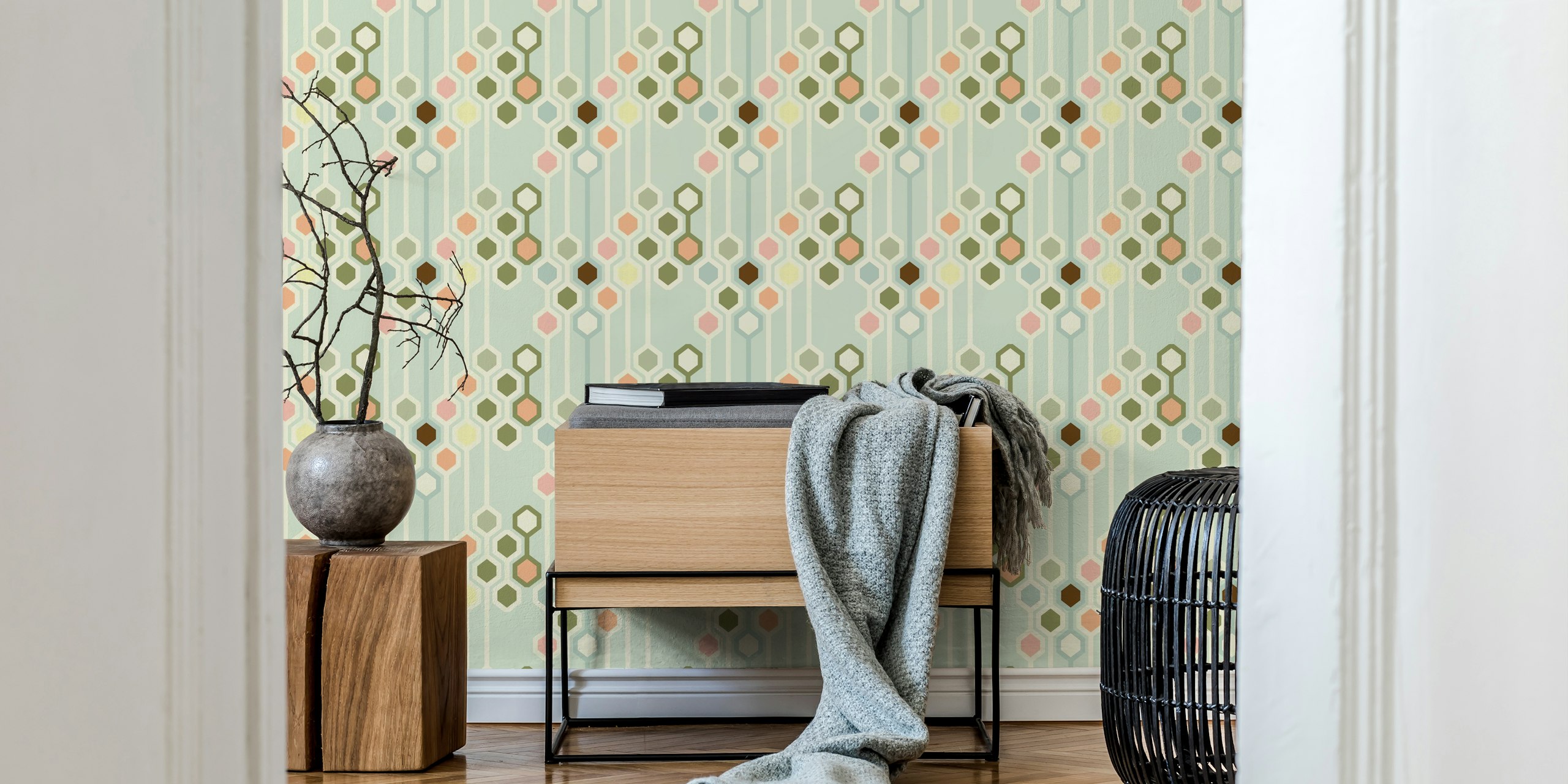 Carta da parati Mid-Century Modern Hexagon in una stanza