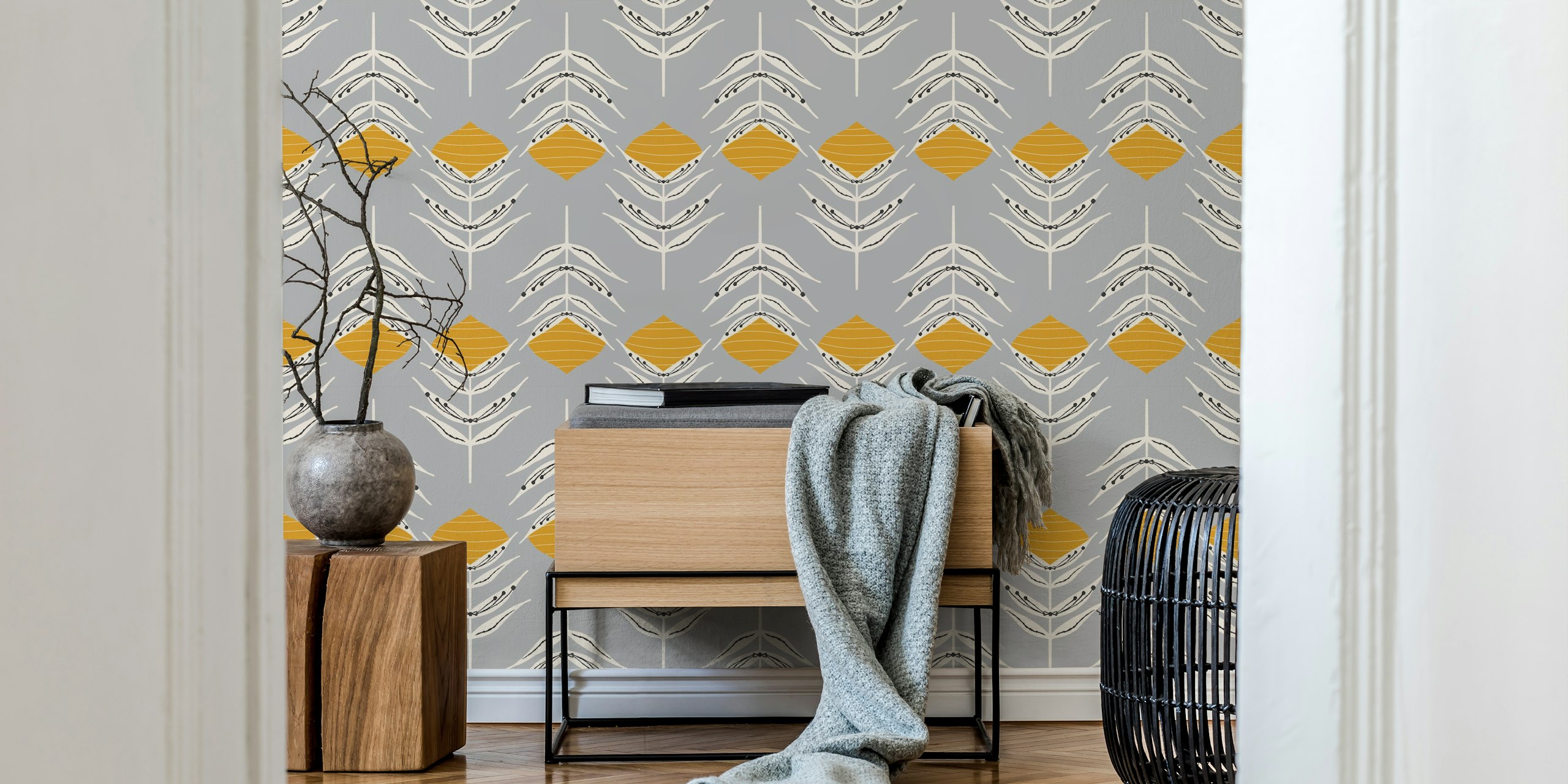 Peacock feather and floral patterns in grey and mustard wallpaper