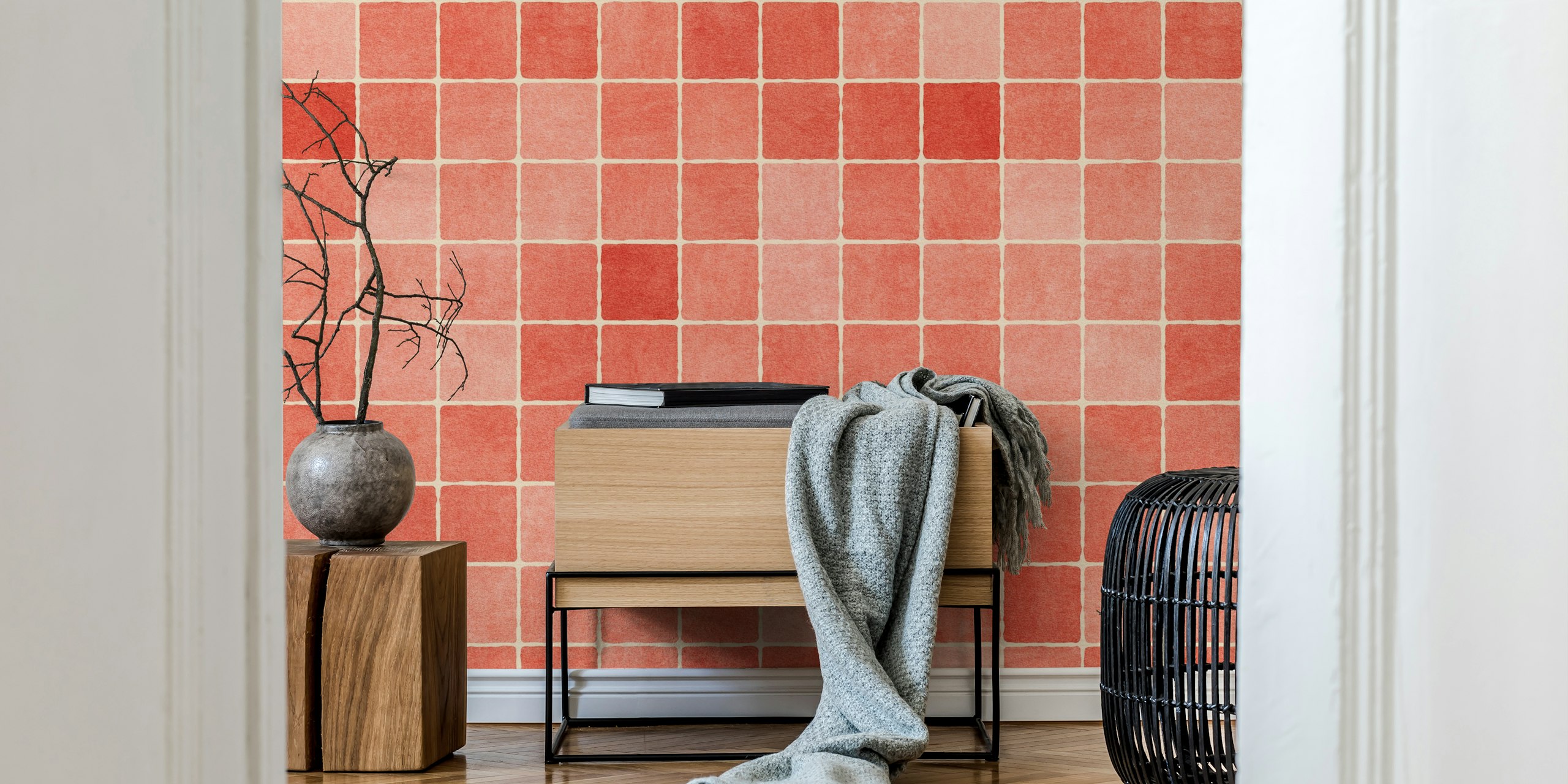 Red mosaic patterned wallpaper featuring small squares