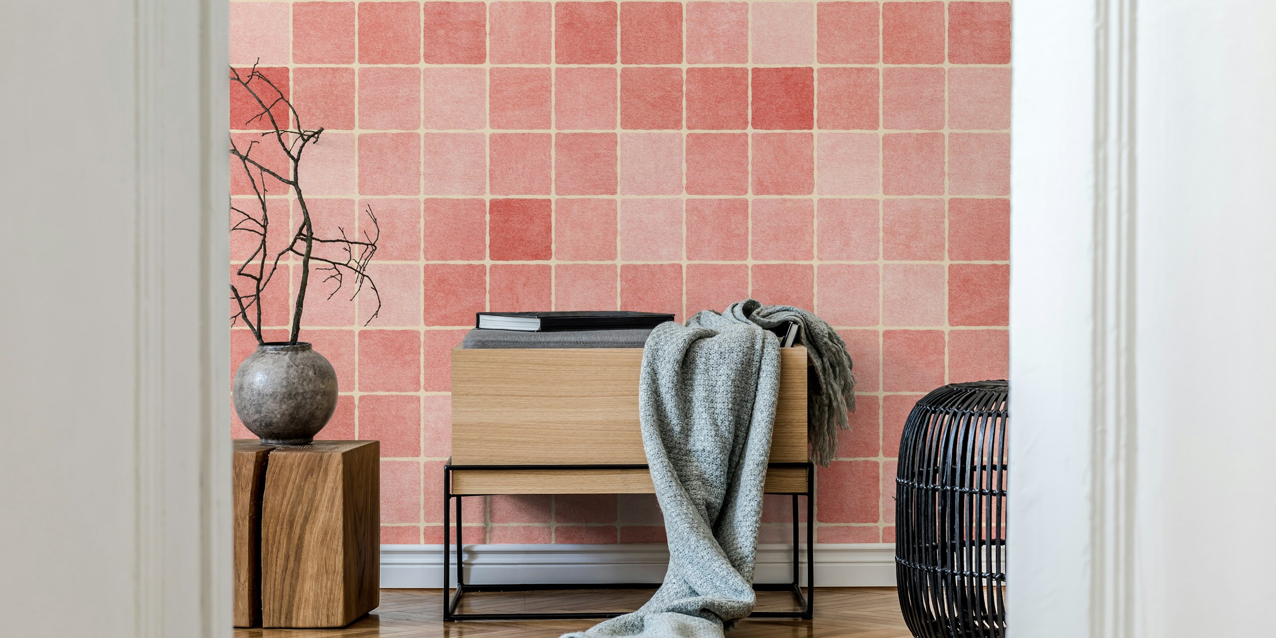 Peach mosaic patterned wallpaper in soft hues