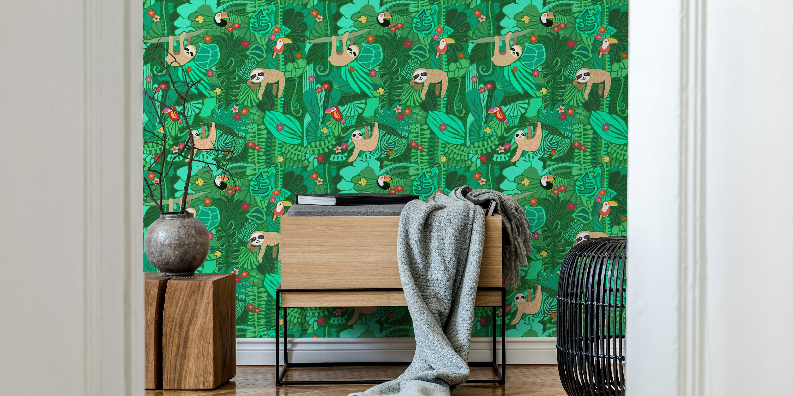 Sloths hanging in green jungle trees with colorful toucans and flowers wallpaper